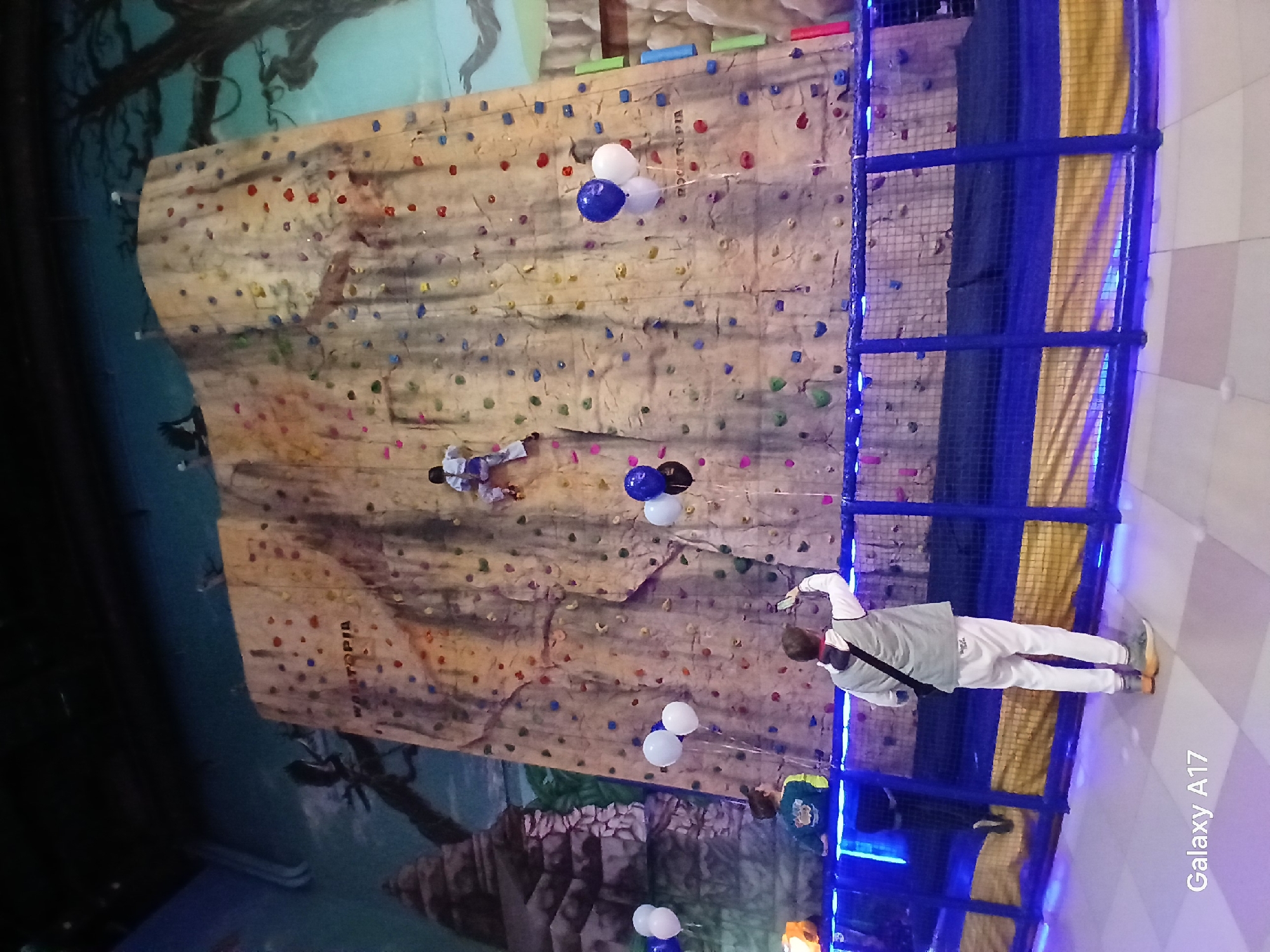 An indoor scene in Yekaterinburg, Russia, depicts a recreational climbing wall within what appears to be an entertainment facility. A large, textured climbing wall, simulating natural rock in shades of beige and brown, dominates the center and right side of the frame. It is adorned with numerous brightly colored climbing holds in red, blue, green, yellow, pink, orange, and purple. Dark text "WALLTOPIA" is visible on the upper left section of the wall, and "ROCKTOPIA" is visible on the lower right section.
A person, likely a child or young adult, is actively climbing high on the upper-right section of the wall, reaching for holds with both hands and feet. They are wearing light-colored attire, possibly white or light blue and white.
In the foreground, a person, likely male, stands facing the climbing wall, holding a smartphone or small camera upright with their right hand, appearing to record or photograph the climber. This individual wears a light grey sleeveless vest over a white long-sleeved shirt, white track pants with a red emblem on the left thigh, and grey athletic shoes with prominent orange/yellow soles. A dark strap crosses their chest.
To the left of the foreground observer, another person, partially obscured by a blue safety barrier, is visible from the torso up, observing the climbing activity. This individual wears a dark long-sleeved shirt featuring a bright green and yellow design, possibly an emblem or crown, on the back.
A blue metal safety fence with a mesh infill, illuminated by a continuous strip of blue LED lights along its top rail, spans horizontally across the lower part of the image, separating the viewing area from the base of the climbing wall. Behind this fence, at the base of the wall, yellow padded sections are visible.
Several clusters of helium balloons are floating in front of the climbing wall: two white balloons on the lower-left, one dark blue and two white balloons on the mid-right, and one dark blue and one black balloon near the climber on the upper-right.
The background walls are painted with murals depicting dark, stylized trees with bare branches and ancient-looking stone structures or ruins, set against a dark blue-green sky. The floor in the foreground is tiled in a light color with a subtle grid pattern. A "Galaxy A17" watermark is present in the lower-left corner of the image.