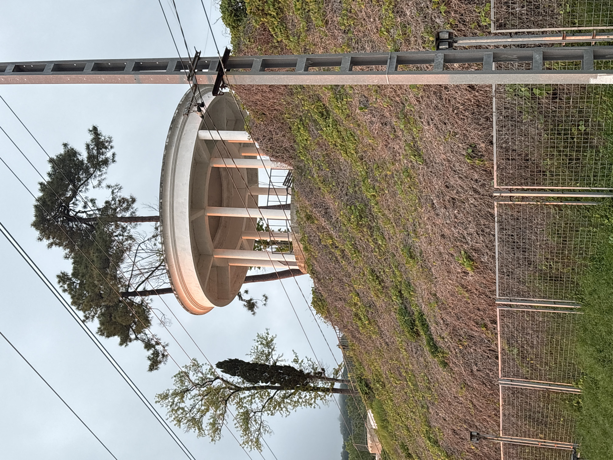 The image shows a circular, white concrete structure supported by columns, possibly a rotunda or gazebo, in Sochi, Russia. A power line runs alongside the structure, intersecting with the branches of nearby trees. The structure is situated on a hillside covered in dense vegetation, which includes ivy or similar climbing plants. A metal fence is visible in the foreground. The sky is overcast, suggesting either early morning or late evening.