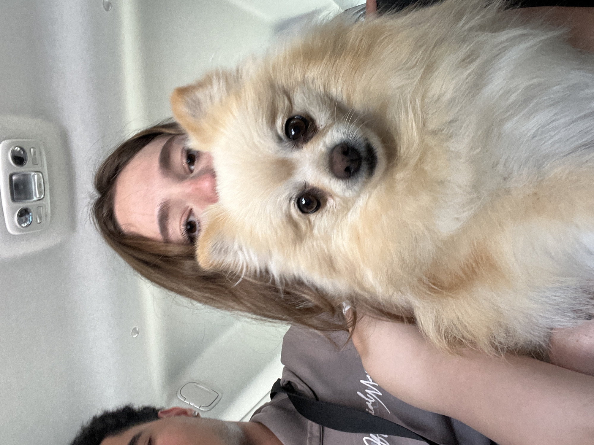 The image shows three subjects: a woman, a man, and a Pomeranian dog. The woman is holding the dog, and her face is partially visible behind it. The dog is centered in the frame with its head turned towards the camera. The man's face is partially visible in the bottom left corner of the frame. All three appear to be inside a vehicle, possibly a car, as indicated by the car's interior features visible in the background. The location is San Bernardino Tlaxcalancingo, Mexico.