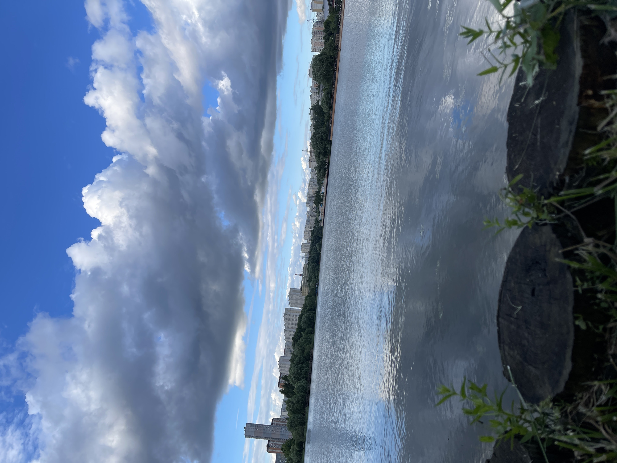 A wide shot of a body of water with a city skyline in the background. The water's surface is rippling, reflecting the cloudy blue sky and the buildings. In the foreground, the tops of two dark, rough-cut tree stumps are visible, along with some green grass and a few leafy sprigs. The city skyline is composed of numerous apartment buildings of varying heights, interspersed with trees. The sky is a mix of bright blue patches and large, dark gray clouds. The image appears to have been taken on a summer day. Based on the architectural style of the buildings and the presence of a large body of water surrounded by urban development, this scene is likely located in Moscow, Russia, possibly along the Moscow River or one of its many reservoirs, such as the Klyazma Reservoir or the Khimki Reservoir, which are known for their expansive water areas and surrounding residential districts.