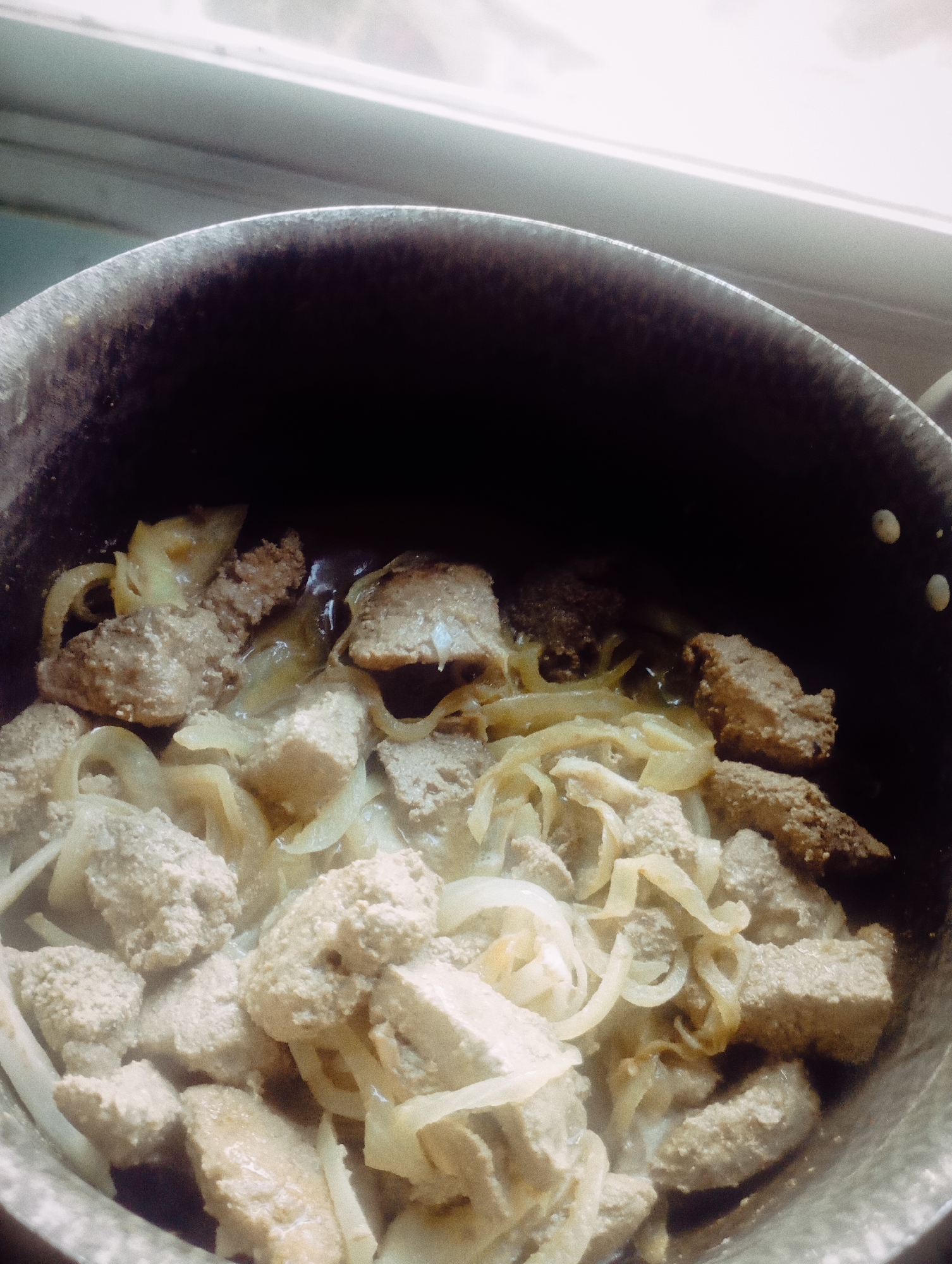 The image presents a close-up, high-angle view of food being cooked in a dark-colored pot. The primary subjects are numerous irregular chunks of light brown meat, possibly liver, mixed with generous amounts of translucent, thinly sliced white onions. Steam is visible rising from the food, indicating it is hot and actively cooking.
The pot itself appears to be made of a dark, heavy material, possibly cast iron or a similar metal, showing signs of use with a textured, slightly worn interior surface. The rim of the pot is visible at the top, illuminated by a bright light source from the upper right, likely a window, which casts some parts of the pot's interior and food into shadow. The light from this window creates a bright, somewhat overexposed background above the pot.
The meat pieces have a slightly rough or granular texture and vary in size and shape. The onions are soft and appear to be caramelizing or simmering in a light liquid, interspersed throughout the meat. No people are visible in the frame, and there is no discernible text.
The scene depicts a domestic cooking activity, likely taking place during daylight hours due to the natural light from the window. While the image itself does not provide specific visual cues for its location, the provided context indicates this scene is in Buenos Aires, Argentina. The overall impression is one of a rustic, home-cooked meal in progress.