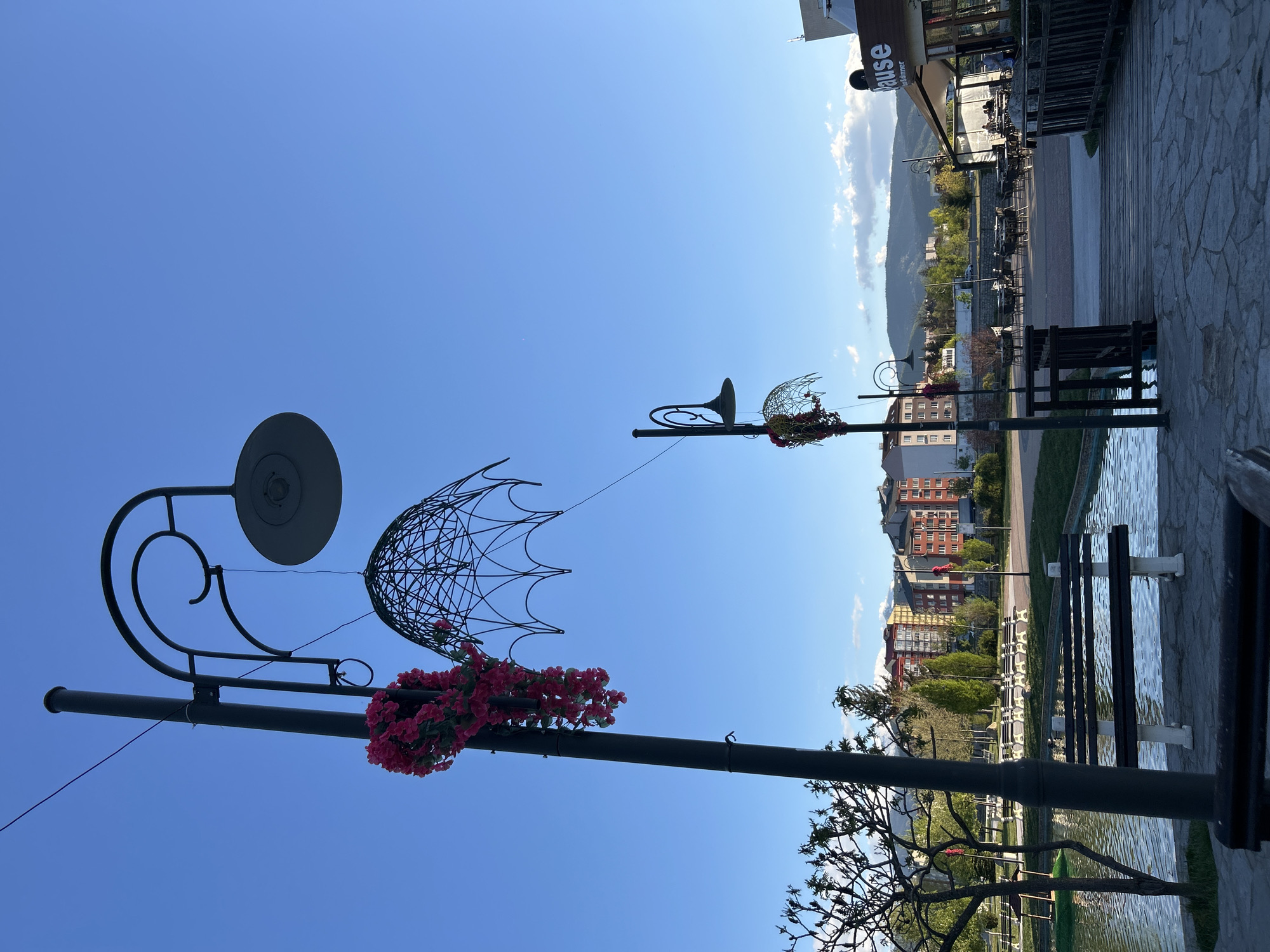 The image shows a park in the city of Unknown, Unknown, on a clear day with a bright blue sky. The scene is captured at ground level, with the focus being on a series of decorative street lamps that are intermittently placed along the edge of a body of water, likely a canal or pond.
Each lamp post has a stylized design, featuring a rounded light fixture, a decorative wire-frame structure resembling an open umbrella, and planters filled with bright pink flowers. The posts are made of a dark metal.
In the background, across the water, are a series of buildings, including residential apartments with red-tiled roofs. Further in the distance, a mountain range is visible against the skyline, partly obscured by a few scattered clouds.
Along the water's edge, there are park benches and some signage. In the foreground, the pavement is visible, with a restaurant or cafe area labeled "Pause" slightly blurred. The overall impression is that of a well-maintained urban park area, with elements of design and nature complementing each other.