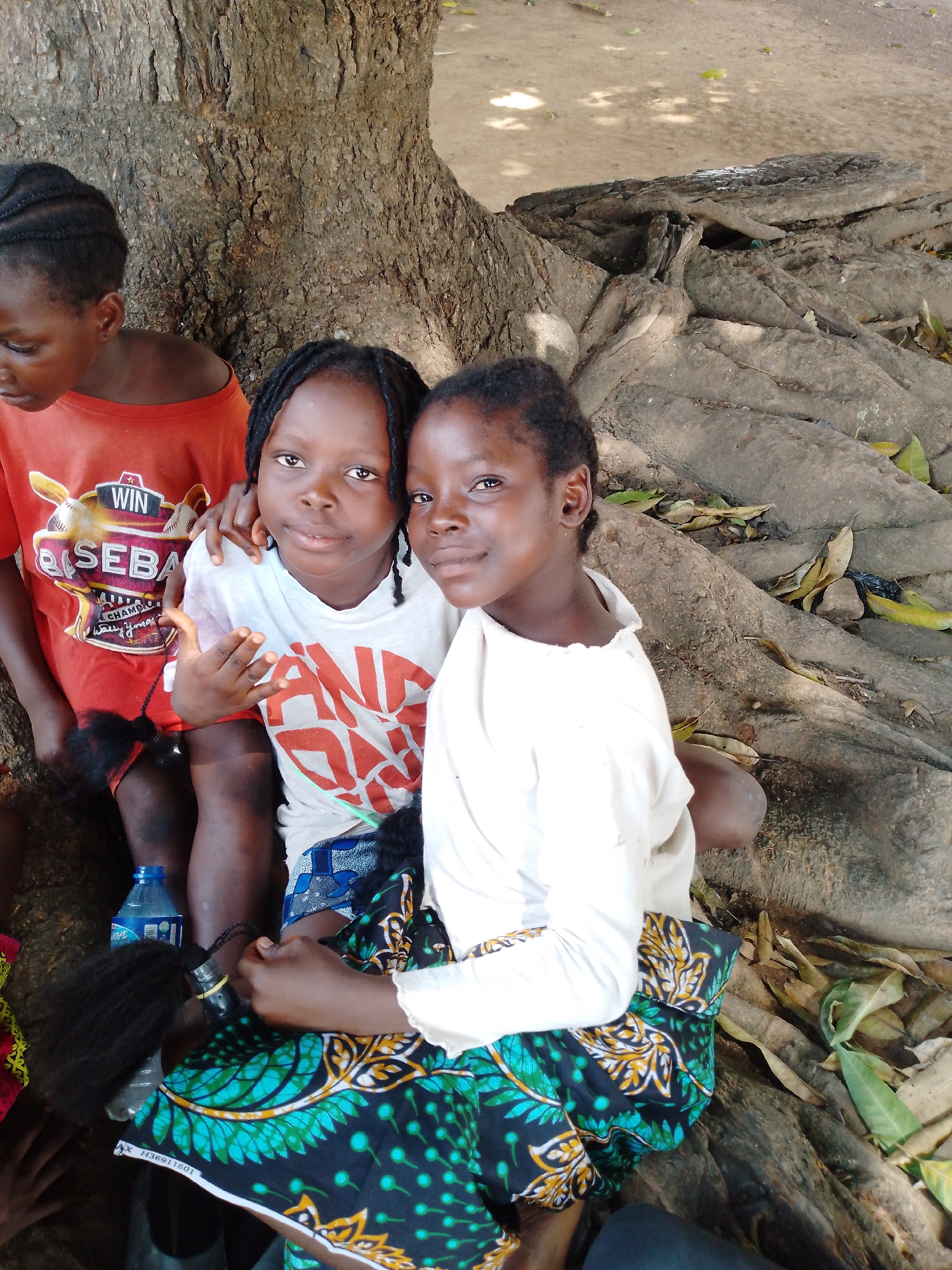 Three Black children are seated at the base of a large tree, possibly in a rural area within the city of Unknown, Unknown. Two girls are positioned in the center and right of the frame, leaning against the tree trunk and root structure. The girl in the center is wearing a white t-shirt with a red graphic, while the girl on the right is wearing a plain white long-sleeve shirt, and a colorful patterned skirt. Their arms are casually around each other. To the left of the frame, another child wearing an orange t-shirt is partially visible. On the ground next to them is a plastic water bottle and hair extensions, suggesting they may be in the process of styling hair. The scene is outdoors, with the tree's roots spreading across the ground among fallen leaves.