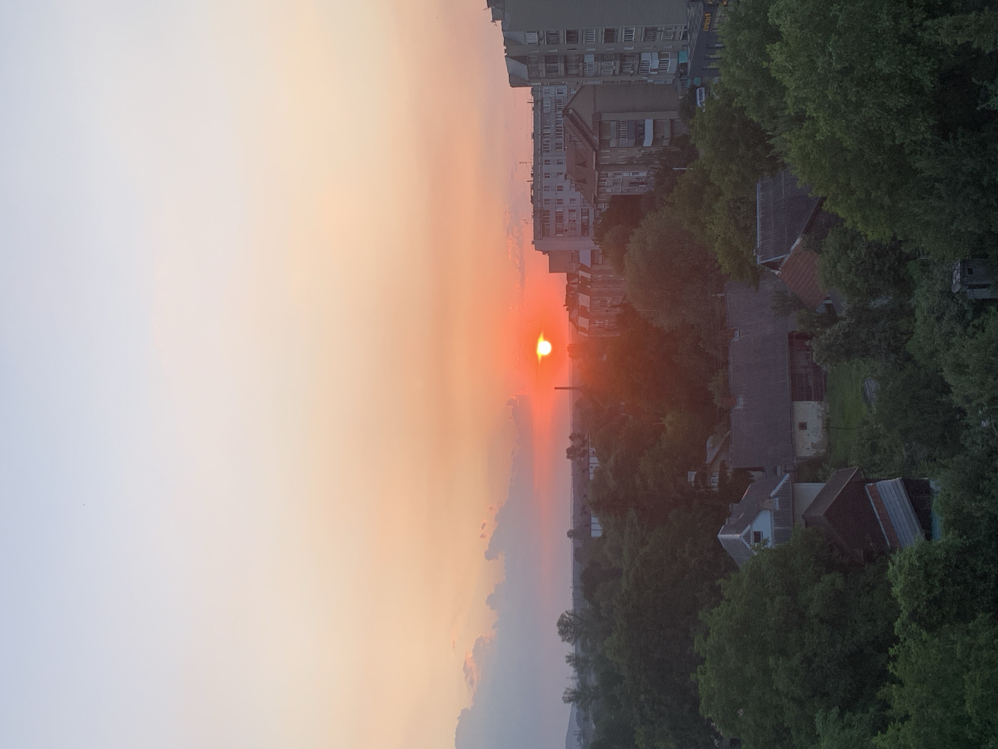 A wide shot captures a sunset over Kolomyia, Ukraine, with the sky painted in hues of orange and pink. The sun, a vibrant orb, is positioned slightly left of the center, casting a warm glow. Below the sky, a dense canopy of green trees dominates the middle ground, interspersed with scattered residential buildings, some with red-tiled roofs. Further back, apartment blocks and industrial structures rise, hinting at the urban landscape of the city. The foreground is also filled with lush greenery, suggesting a view from an elevated position. The overall scene conveys a peaceful, late afternoon atmosphere.