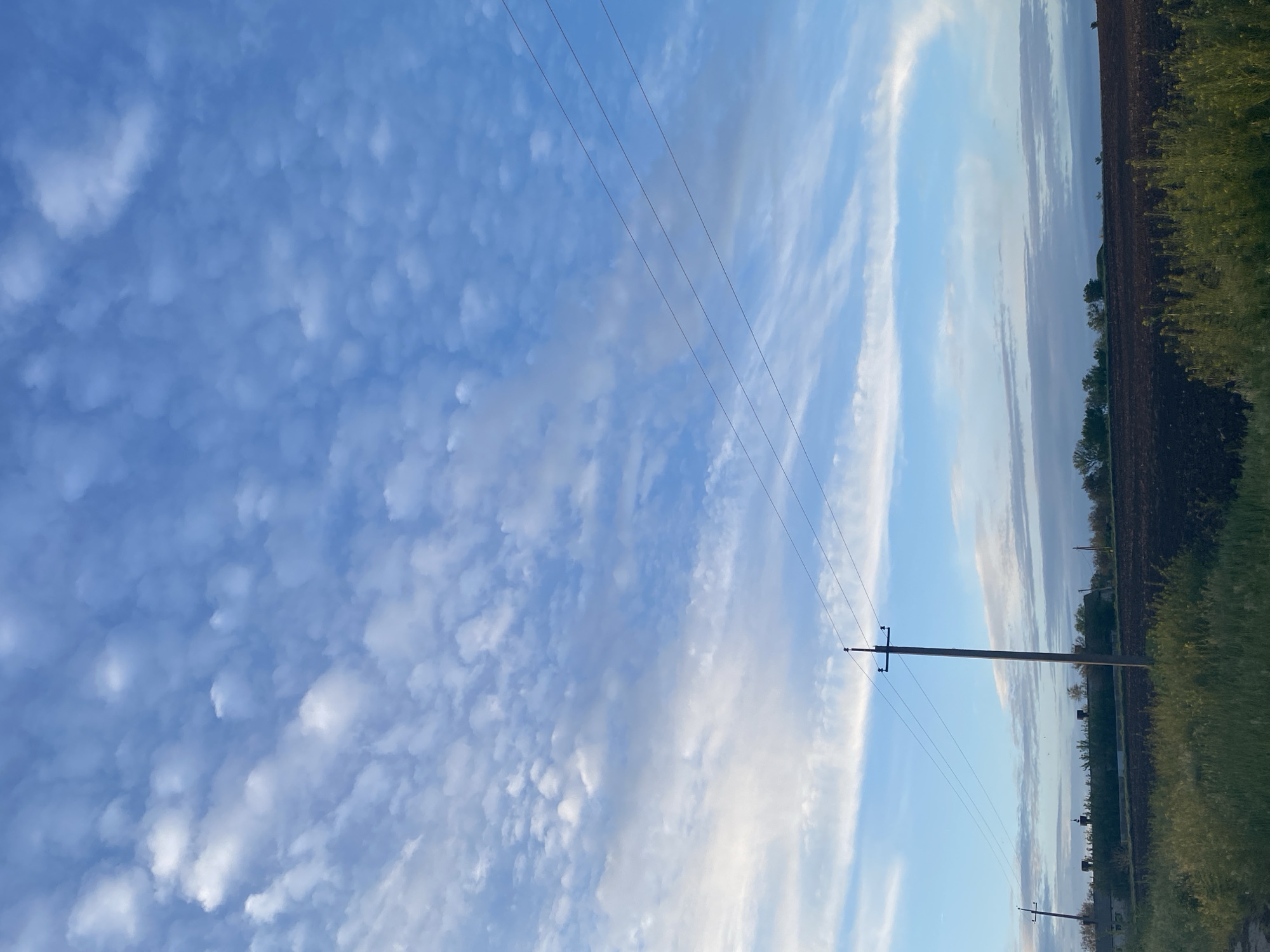 The image presents a landscape scene with the sky occupying the majority of the frame. The sky is blue with an abundance of white, puffy clouds, possibly altocumulus clouds. Several power lines run diagonally across the sky. A power pole is visible towards the right side of the image. Below the sky, a field and some vegetation are visible along the horizon. The location is in a rural area with farm fields. The city is Unknown, Unknown.