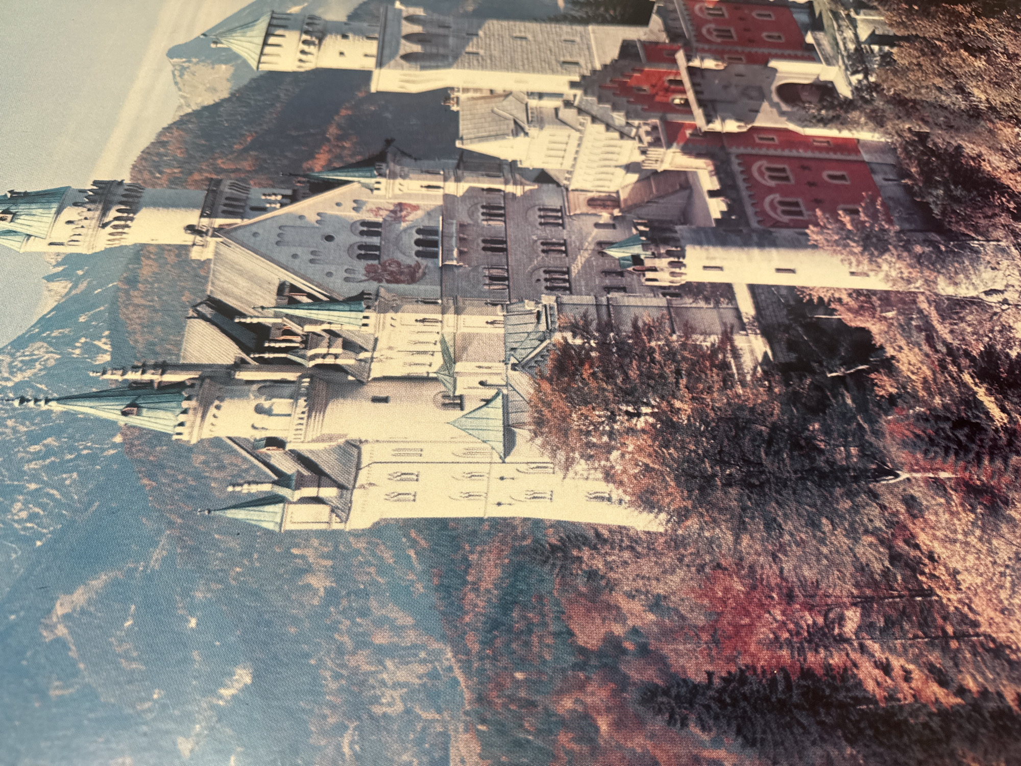 The image shows Neuschwanstein Castle in Bavaria, Germany, set amidst a mountainous landscape with trees in autumnal colors. The castle is predominantly white with red sections, featuring multiple towers with green roofs. Mountains are visible in the background, and trees cover much of the surrounding terrain. The orientation of the image is rotated 90 degrees clockwise.