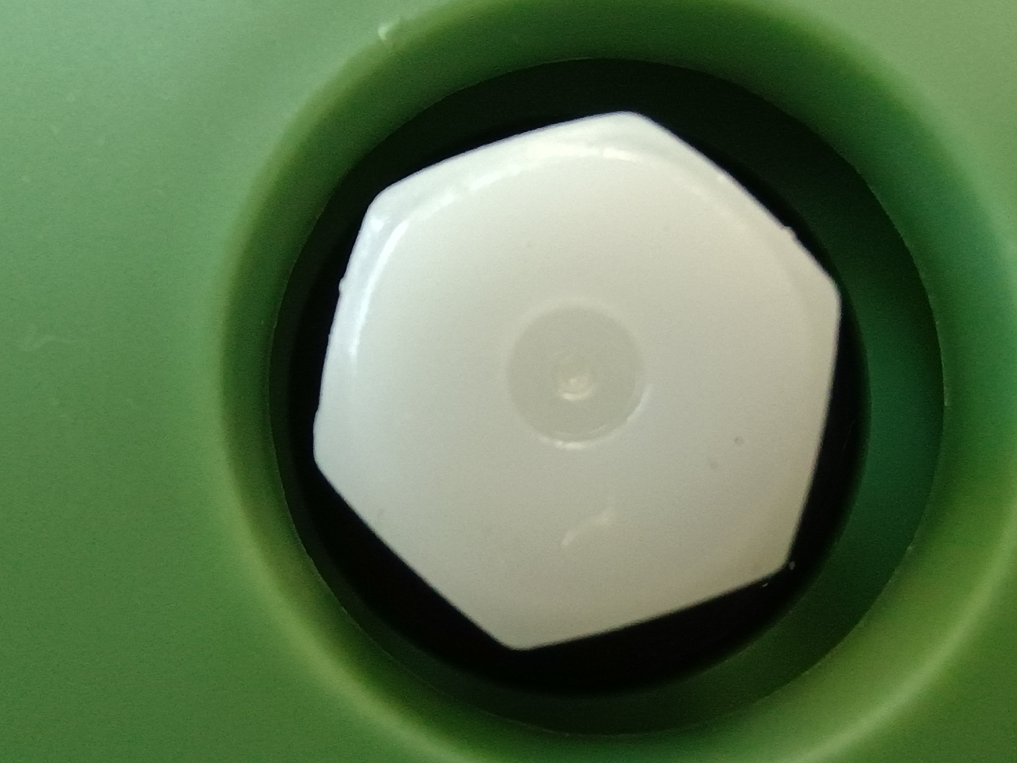 The image shows a close-up, overhead view of a white, hexagonal object with a circular indentation in its center, set within a green recess. The hexagonal object appears to be made of plastic and has a smooth, somewhat reflective surface. The green recess has a matte finish and a curved inner edge, suggesting it's part of a larger container or device. The lighting is bright, casting subtle highlights on the white object and creating a shadow where it meets the green recess. There is no visible text in the image. The context provided is "Zaporizhzhia, Ukraine," but the image itself does not contain any specific visual cues to confirm or deny this location. The scene is static, focusing on the geometry and texture of the objects. There are no people or any discernable activity taking place. The image is likely a photograph of a component of an everyday object.