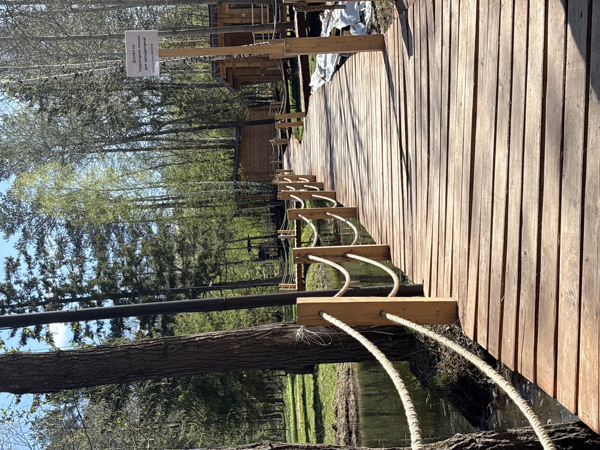 A slightly angled, medium shot captures a wooden boardwalk in Perm, Russia, extending into a natural environment. The boardwalk, constructed of light brown planks, features a safety railing made of horizontal wooden beams strung with thick, white ropes. These ropes, secured to the boardwalk's edge, dip down toward the water level below.
On the left of the image, a partially submerged tree trunk is visible, adjacent to a waterway, reflecting the surrounding green grass and foliage. Beyond the boardwalk, the scene transitions into a forest with tall trees bearing nascent green leaves.
A white sign is mounted on a wooden structure above the boardwalk, but the text is too small to read. The sky is visible through the trees, suggesting a bright, sunny day.