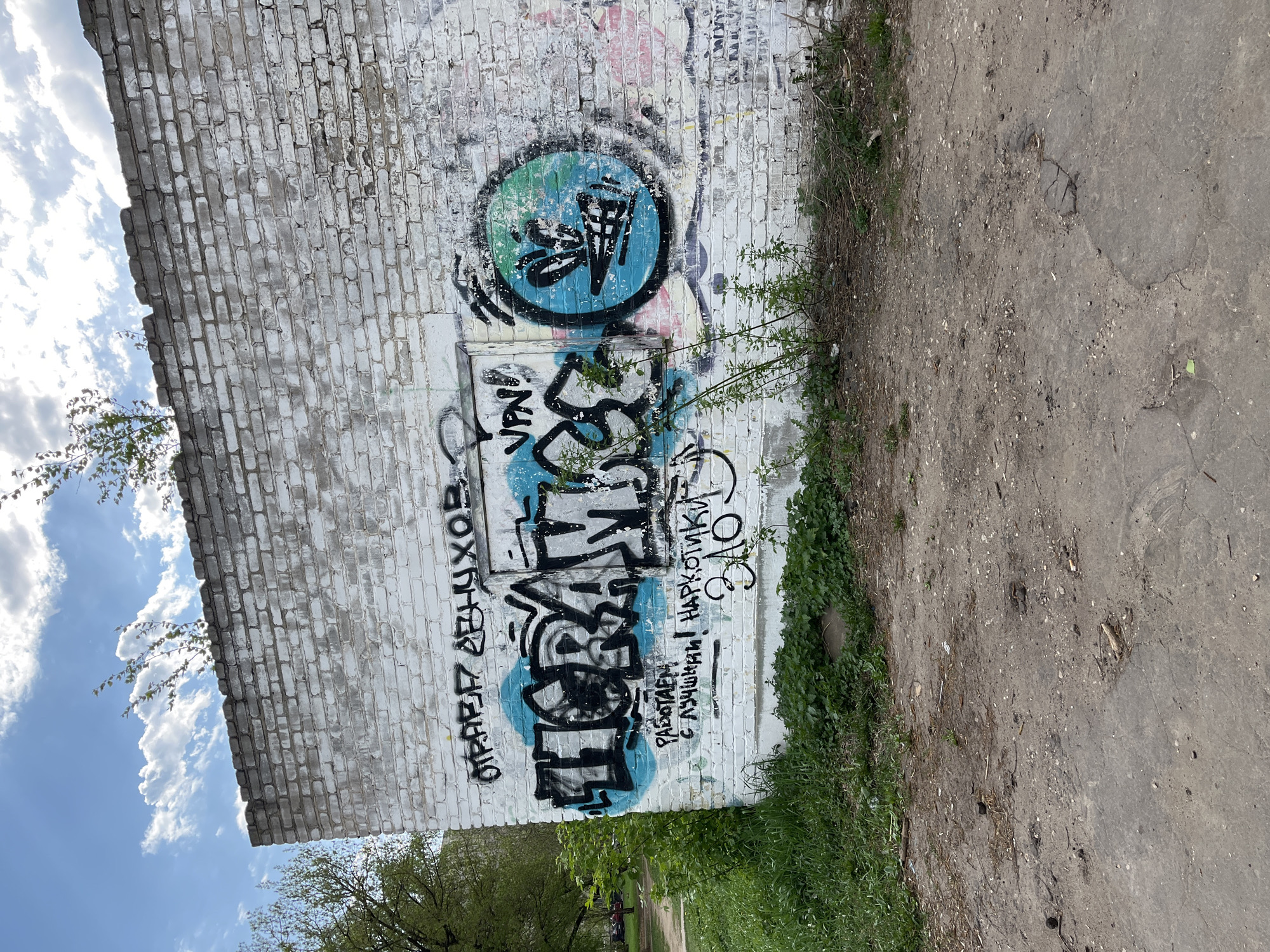 A weathered white brick wall stands next to a dirt path. Graffiti covers the wall, including a circular blue design with a black image inside, Cyrillic text, and other black and blue tagging. Green vegetation grows near the base of the wall. A cloudy sky is visible in the upper left corner of the frame. The scene is located in Noginsk, Russia.