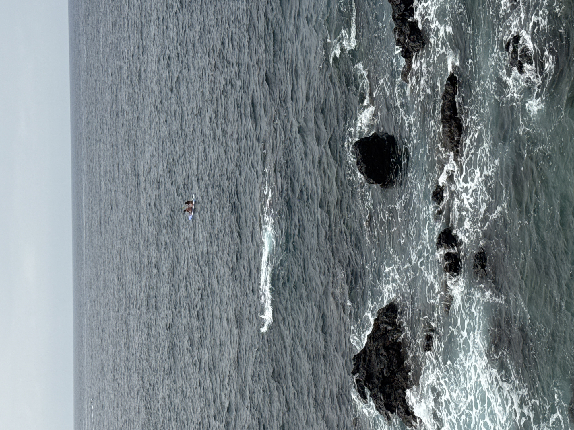 Two individuals are on a paddleboard in the middle of the ocean. The water is a dark, choppy blue, with white foam crashing against dark, rocky outcrops in the foreground. The sky is overcast and gray, blending into the horizon.