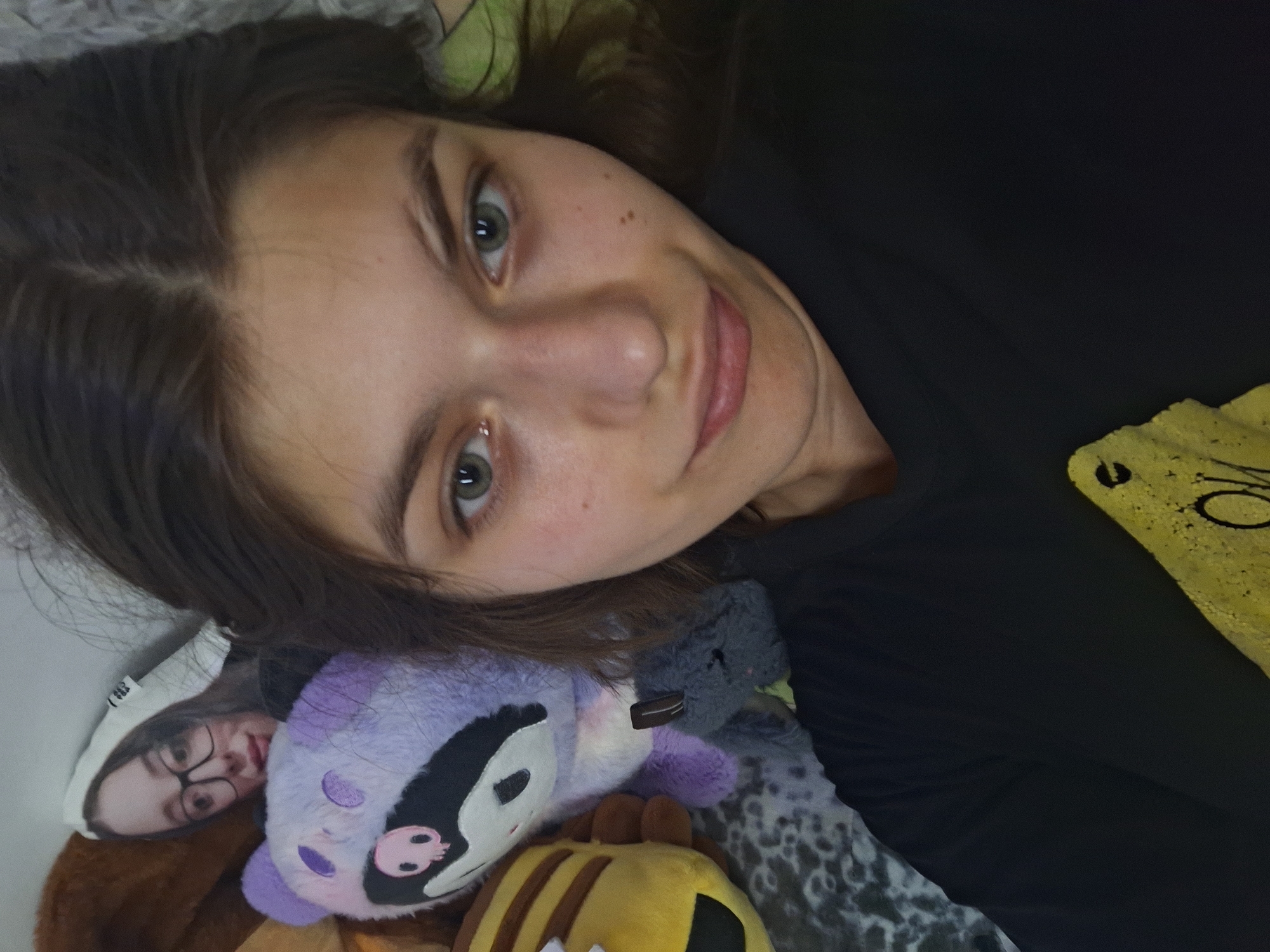 An image captured with a slight tilt shows a young woman lying down in an indoor setting in Panagyurishte, Bulgaria. She is the central subject, positioned in the foreground and looking directly at the camera with a gentle, pleasant smile. She has long, dark brown hair parted down the middle and striking light green eyes, with a subtle mole visible on her right cheek. She is wearing a dark, likely black, top.
Surrounding her are several plush toys and soft textiles, creating a cozy and relaxed atmosphere. To her lower left, a portion of a white beanie or headwear is visible, upon which a face wearing glasses is printed – likely a design on a pillow or another plush item. Beside this, a purple and white plush toy, possibly a raccoon or skunk, is prominent, featuring a black mask-like pattern and a pink skull emblem on its chest. A small gray plush animal is tucked in the background, and a yellow and brown striped plush toy is also visible. Beneath these items, a gray and white patterned fabric, possibly an animal print blanket, is seen.
On the right side of the image, a yellow item with abstract black markings or an incomplete design is present. The lighting suggests a well-lit indoor environment, and the overall mood is calm and friendly. No clearly legible text is visible within the image.