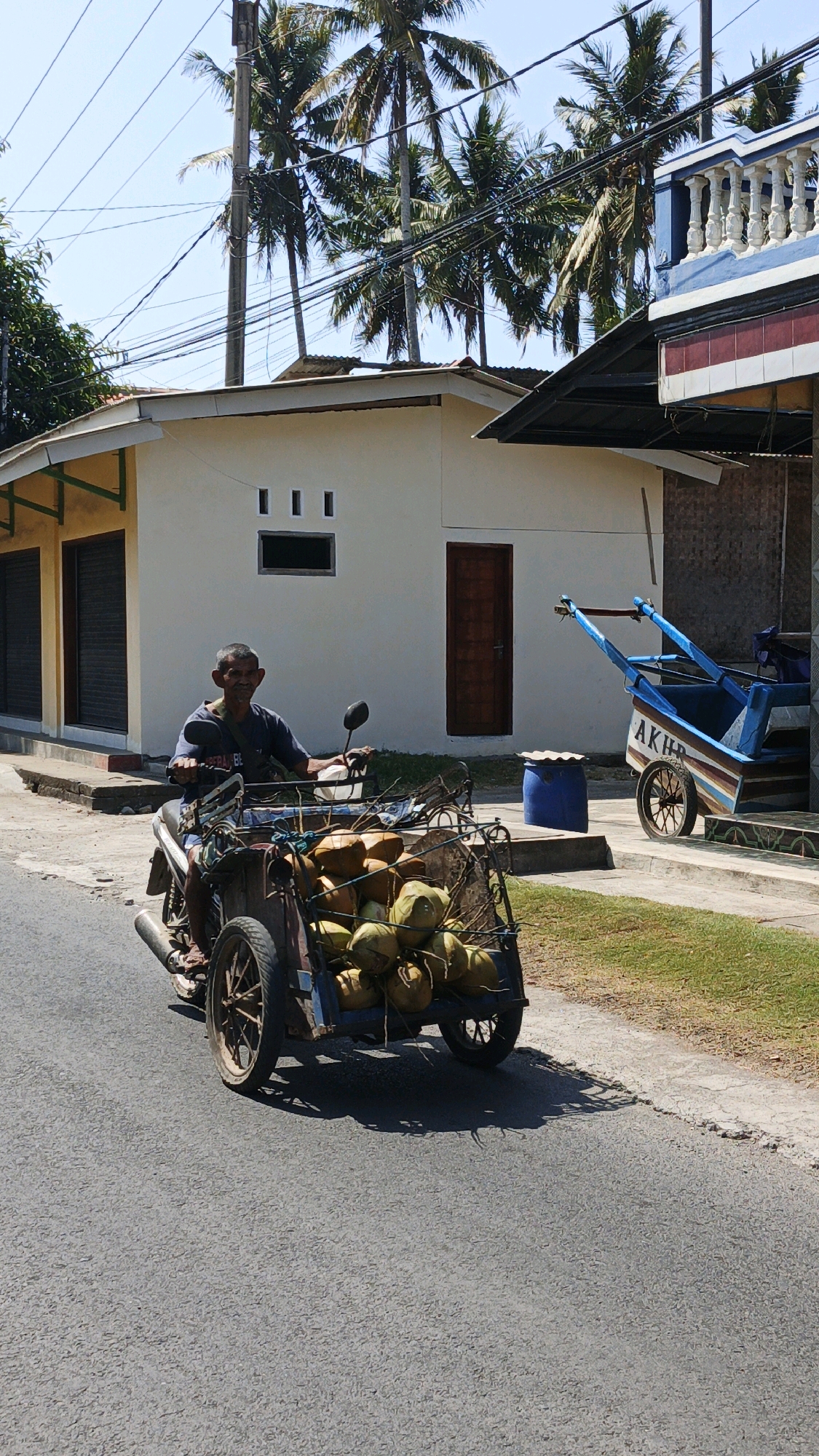 In Desa Pagandaran, Indonesia, a man rides a three-wheeled motorcycle modified with a sidecar. The sidecar is laden with a large quantity of coconuts. The man is wearing a dark blue t-shirt and dark shorts. He is looking forward and appears to be operating the motorcycle. The motorcycle is on an asphalt road, with a grassy area to the right and buildings in the background. The buildings appear to be single-story structures, one painted white with yellow trim and dark shuttered windows, and another partially visible with blue and white decorative elements. Coconut palm trees are visible in the background against a clear blue sky. A blue pushcart with the word "AKHT" written on its side is parked near one of the buildings. The scene is illuminated by bright sunlight, casting shadows on the road.