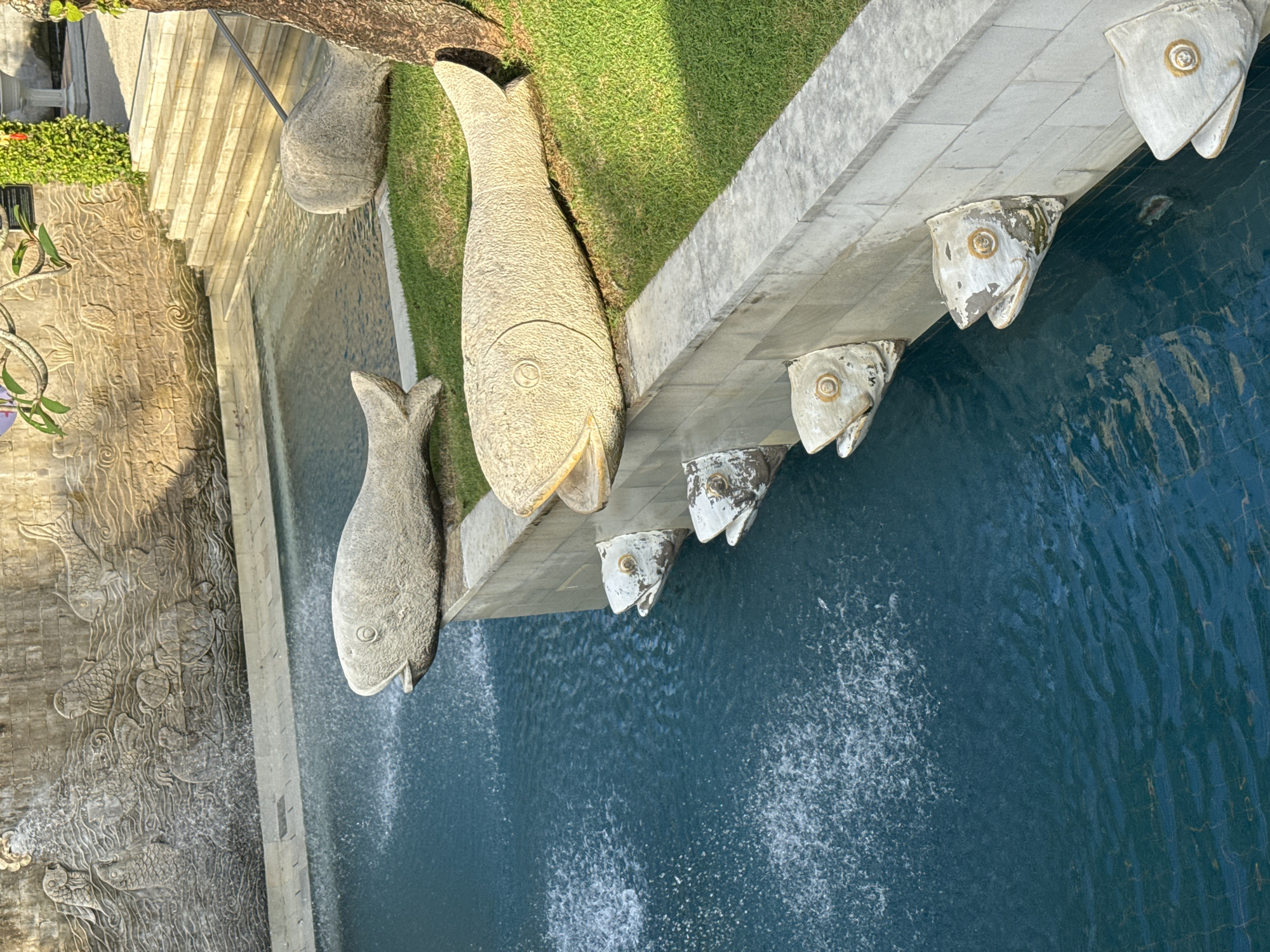 The image shows a water feature in Jimbaran, Indonesia, with stone fish sculptures. Two large, textured stone fish are positioned on a grassy area next to a stone ledge. Several smaller, painted fish head sculptures project out from the ledge over a blue body of water, which is disturbed by water spraying from the fish heads. A stone wall with sculpted aquatic life is visible on the left side of the frame. Sunlight is present in the upper-left corner.