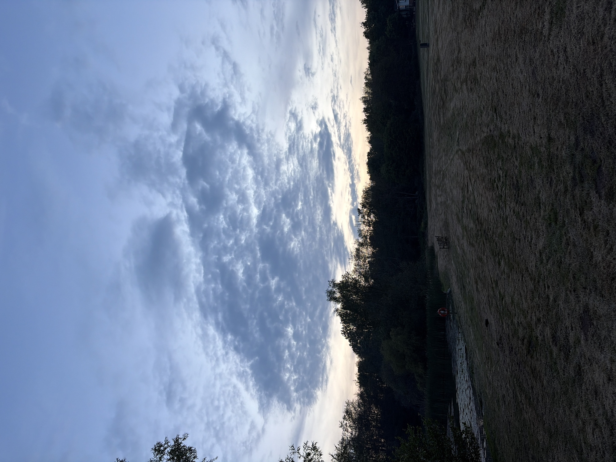 The image shows a landscape with a body of water in the foreground and a field on the right side. The sky is partly cloudy with the majority of the view taken up by a prominent mass of cloud formations. A line of trees and vegetation separates the water from the field. A red lifebuoy is visible near the edge of the water. The photograph appears to be taken at dusk or dawn. The location is East Suffolk, United Kingdom.