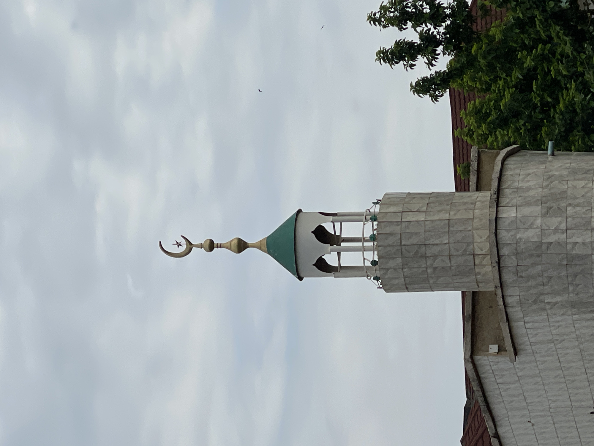 The image depicts a minaret in Dutsen Alhaji, Nigeria, with a crescent moon and star finial atop a green dome and a tiled tower. The sky is overcast, and a tree and part of a red-roofed building are visible in the upper right corner. Two small birds are visible in the sky.