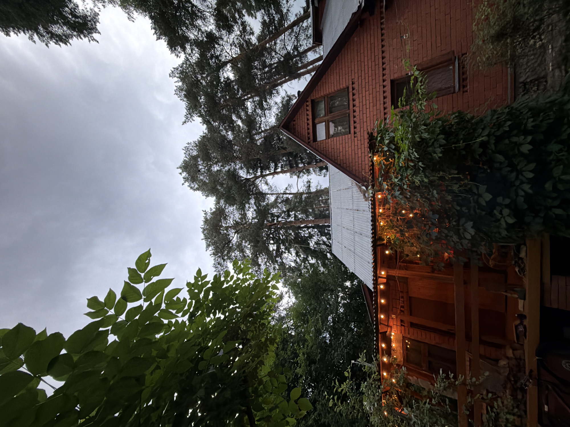 The image depicts a two-story red brick house with a corrugated metal roof, located in Udelnaya, Russia. The house is situated amidst lush greenery, with tall pine trees towering over it and leafy branches framing the scene. Decorative string lights are hung along the porch, casting a warm glow on the wooden structure beneath. The sky above is overcast, with a cloudy, grey expanse. The architecture of the house suggests a rustic, possibly dacha-style dwelling. The image appears to be taken from a low angle, looking upwards towards the house and the sky.