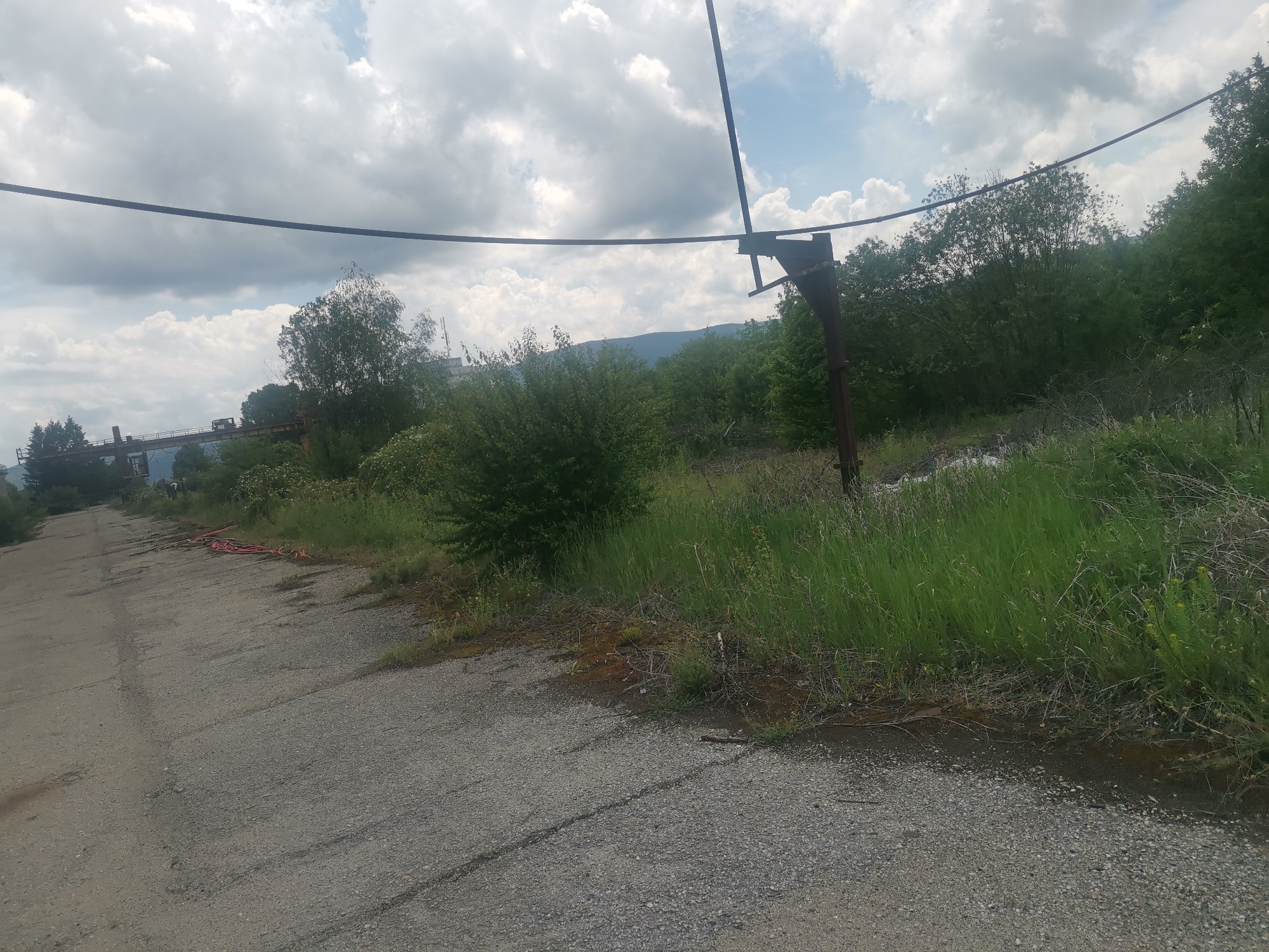 The image presents an outdoor scene in Zhivkovo, Bulgaria, characterized by a mix of worn infrastructure and lush, overgrown nature under a partly cloudy sky. A wide, weathered concrete or gravel path, marked with cracks and lines, occupies the lower and left portions of the frame, receding into the distance.
To the right of the path, vibrant green grass transitions into dense thickets of bushes and trees, suggesting an area where nature is reclaiming man-made elements. A prominent dark, metallic support structure, possibly part of an old industrial or utility system, stands in the mid-ground on the right, featuring a vertical pole and a horizontal arm. A thick, dark cable runs horizontally across the upper part of the image, seemingly suspended by this support.
In the far distance, partially obscured by trees and the industrial remnants, are rolling mountains. Further down the path on the left, distant industrial-like structures, possibly gantry cranes or parts of a former factory, are visible. A lone person can be faintly discerned walking on the path in the distance, near these structures. Along the left edge of the path, closer to the foreground, several red hoses or cables are scattered on the ground.
The weather appears partly cloudy, with a mix of heavy grey clouds and patches of blue sky visible. The overall impression is one of a disused or abandoned industrial area being gradually enveloped by natural vegetation. No visible text is present in the image.