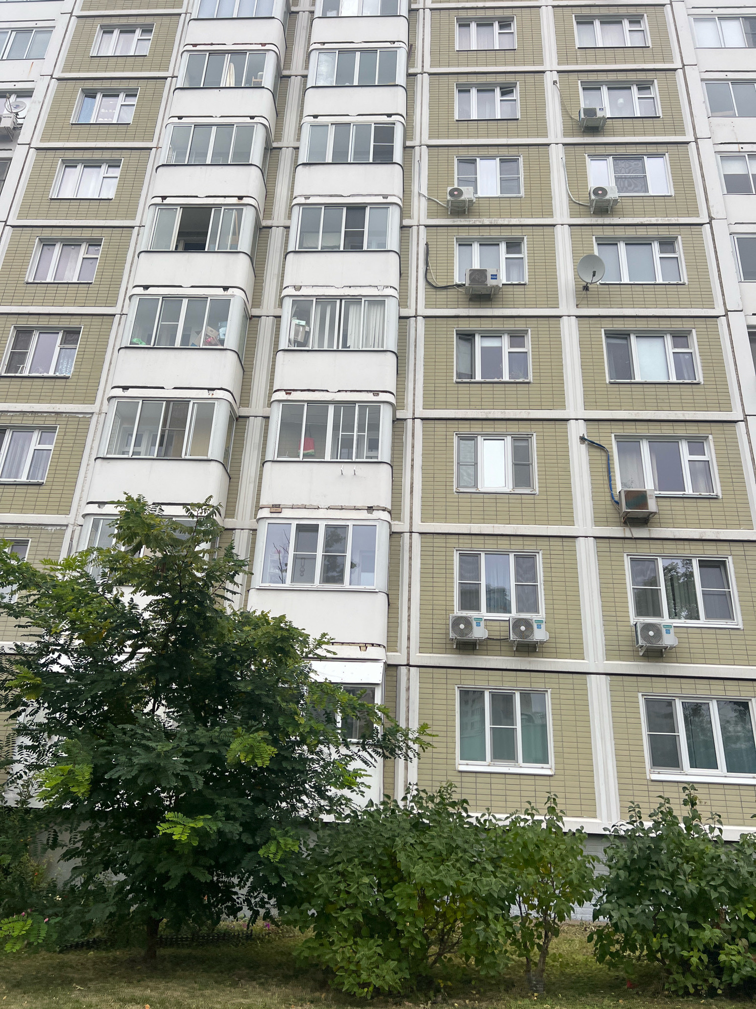 This is a medium-shot, eye-level, vertical-format photograph of the exterior of a light green and beige panel apartment building in Moscow, Russia, on a cloudy day. The building has multiple floors of windows and balconies, with vertical white structural elements between sections of the building. Air conditioning units are visible on several of the windows. In the foreground, a large leafy green tree partially obscures the lower floors of the building, with a dense hedge at the very bottom of the frame. The overall impression is of a typical Soviet-era or post-Soviet apartment block in an urban environment.