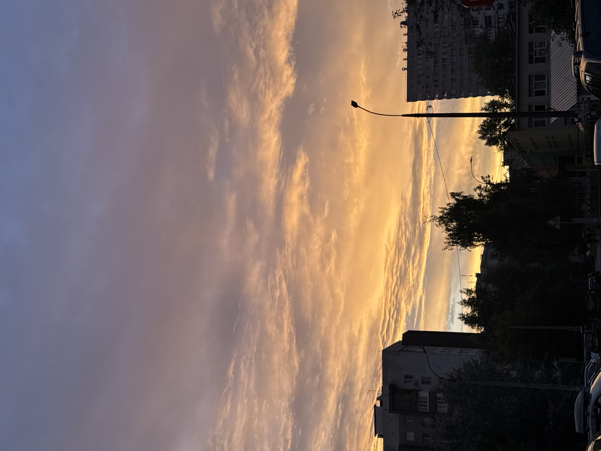 The image depicts a sunset over an urban environment in Nizhny Novgorod, Russia. The sky is a vibrant gradient of purple, pink, and orange hues, with textured clouds scattered across it. In the foreground, silhouetted against the colorful sky, are several apartment buildings and trees. A street lamp stands prominently on the right side of the frame, its curved neck reaching towards the sky. The lower portion of the image shows the dark silhouettes of parked cars and a street, indicating a residential area. The overall scene captures the transition from day to night in a city setting.