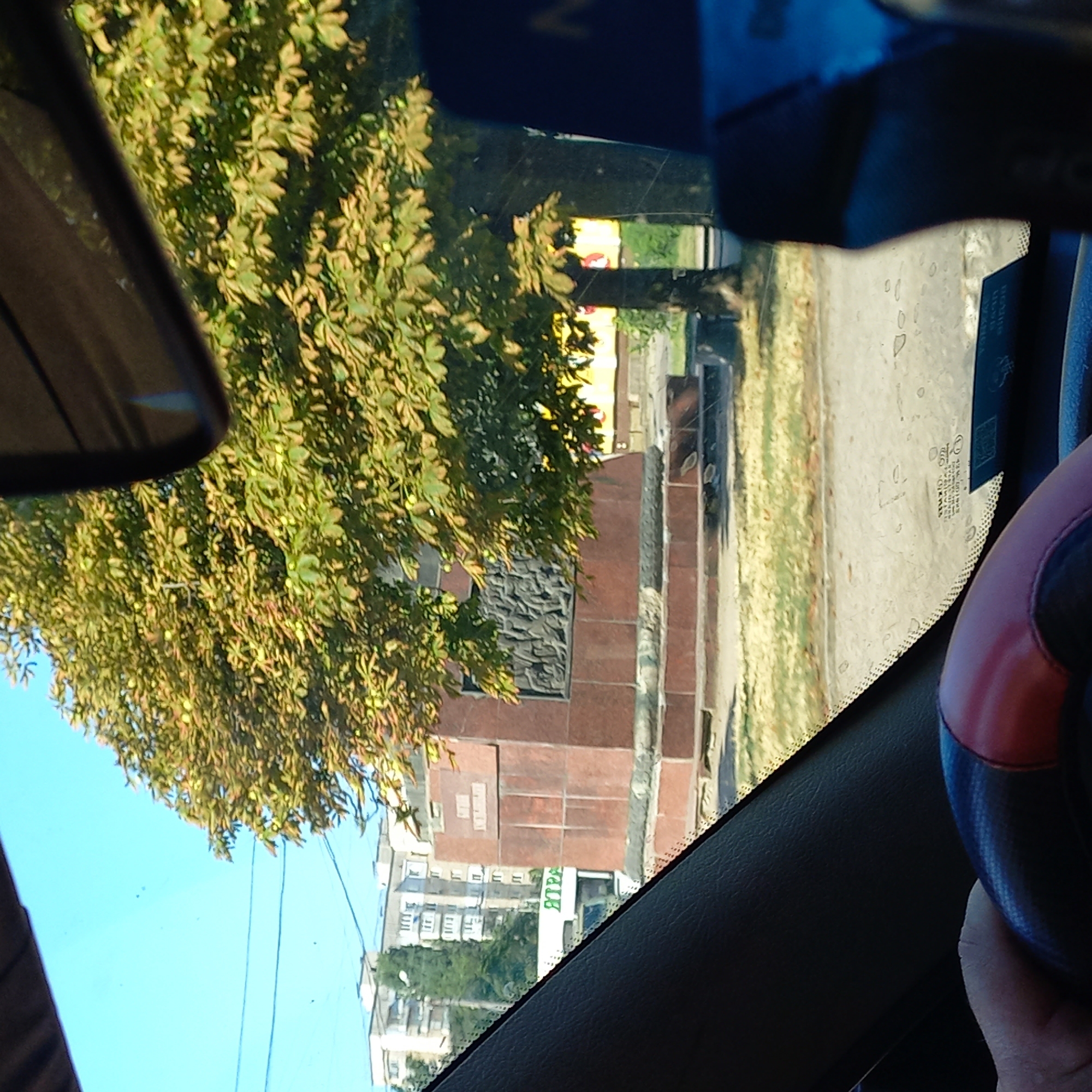This image captures a view from inside a vehicle, looking through the windshield and side window. In the foreground, a person's hand is visible on a steering wheel, which has red and dark gray accents. The windshield has several water spots and a small label with text.
Outside the vehicle, the scene depicts a city environment. A large, reddish-brown monument with carved reliefs and inscriptions stands prominently. Behind the monument, a large tree with green and yellow leaves is in full bloom, partially obscuring the monument and the sky. In the background, several multi-story buildings, typical of Soviet-era architecture, are visible. One building in the mid-ground has windows with visible balconies and is light-colored. A green sign with Cyrillic lettering is visible on the side of a white vehicle, likely a bus or truck, driving past the monument. The ground is paved with asphalt, and there is a grassy area with fallen leaves around the monument. The sky is clear and blue.
The monument is likely the "Eternal Flame" memorial complex located in Kropyvnytskyi, Ukraine, commemorating soldiers who died in World War II. This specific view appears to be from the vicinity of the memorial, possibly looking towards it from a nearby street. The presence of the large monument, surrounding trees, and buildings suggests an urban public space within Kropyvnytskyi.