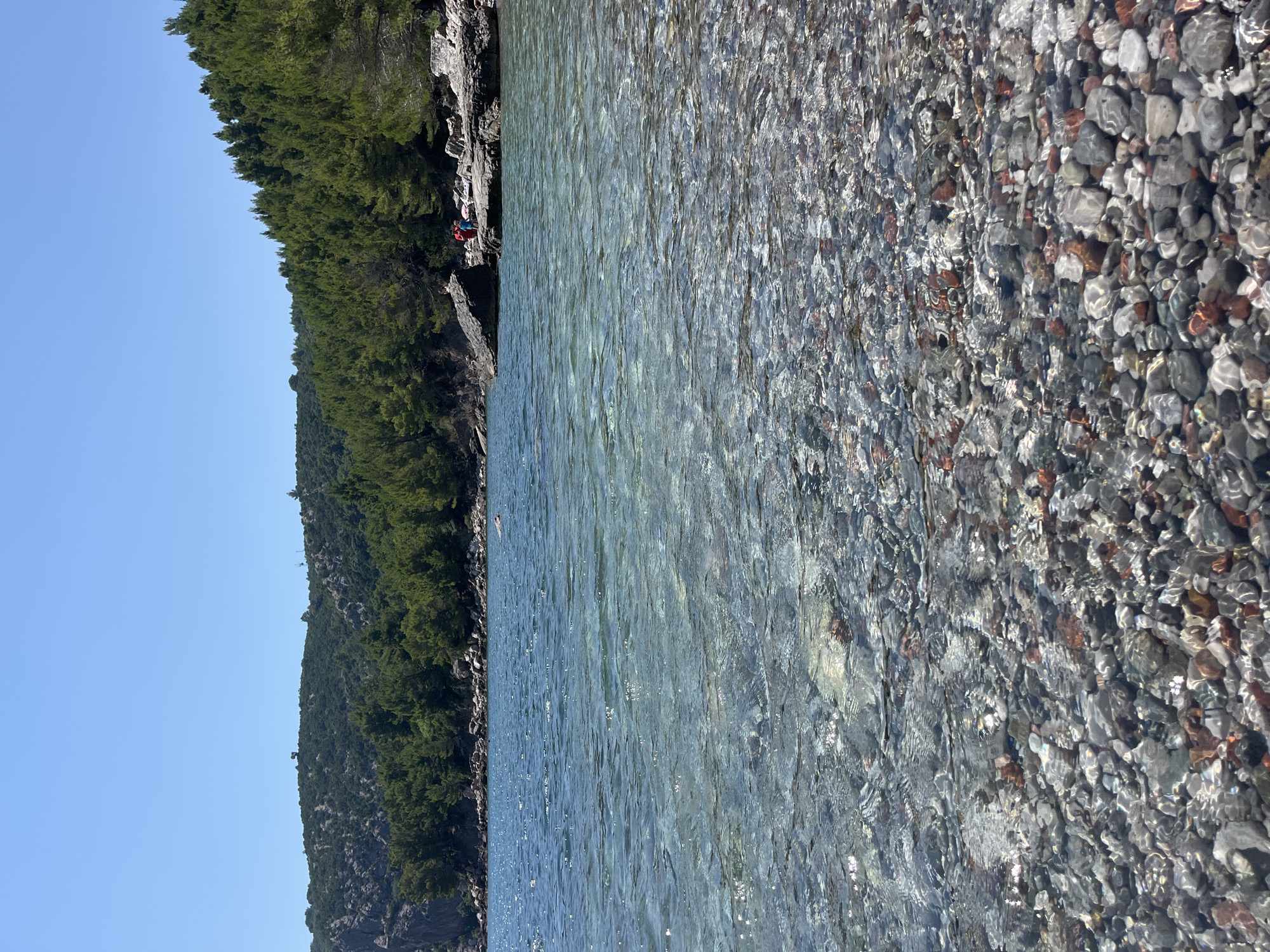 The image depicts a serene coastal scene in Zagrađe, Montenegro. The foreground is dominated by crystal-clear water revealing a seabed covered in smooth, multi-colored pebbles. The water is slightly rippled, with sunlight glinting off its surface.
Along the left side of the image, a lush, green hillside slopes down towards the water. The hillside is densely covered with pine trees, creating a vibrant contrast with the rocky shore and clear water. On the rocky edge of the shore, a small group of people can be seen. One individual, wearing a red top and blue shorts, is seated. Another person, wearing pink and white, appears to be lying down. Their presence suggests a leisurely day by the water.
The sky above is a clear, bright blue, indicating fair weather and likely a sunny day. The scene suggests a tranquil and inviting atmosphere, perfect for relaxation and enjoying nature. The combination of the dense greenery, the rocky coastline, and the transparent water creates a picturesque natural landscape. The time of day appears to be late morning or early afternoon, given the brightness of the sunlight. No text is visible in the image.