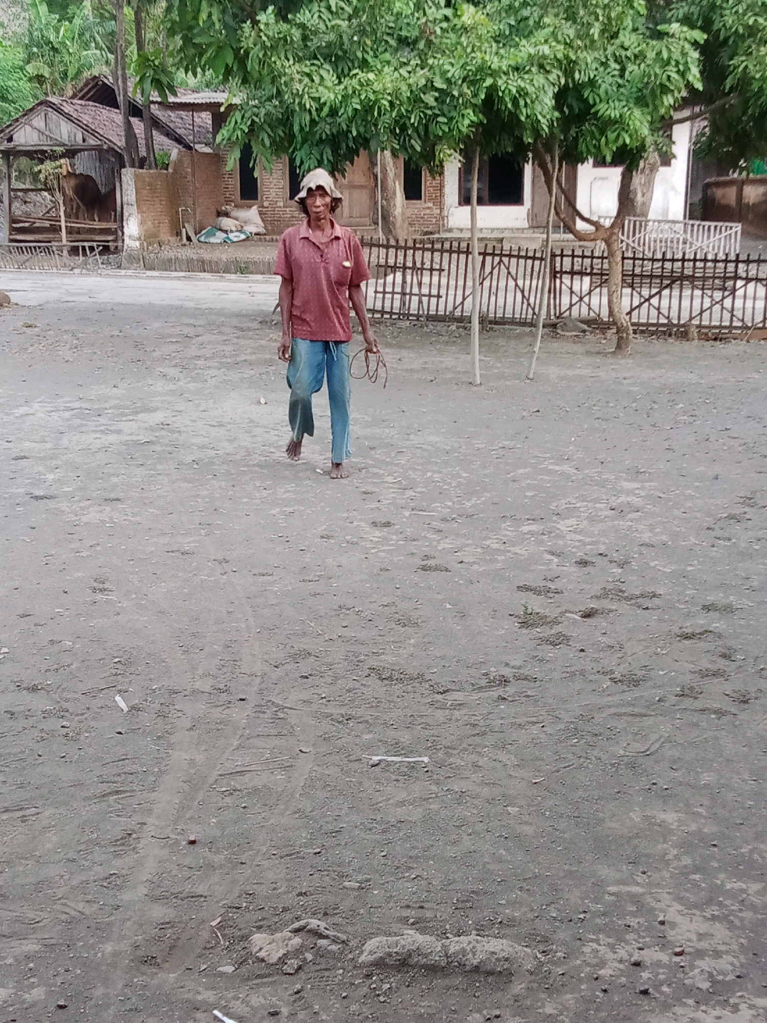 A full shot captures a person standing in an open, dusty area in front of a rural village in Selowogo, Indonesia. The individual, dressed in a red collared shirt and blue pants, wears a light-colored hat and carries a rope. To the left of the person, a cow is visible in a rustic wooden shelter. Behind the cow, a simple brick house stands with a tiled roof, and further back, more trees and structures can be seen. A wooden fence separates the foreground from the buildings. The ground is primarily dirt, with scattered stones and debris. The overall lighting suggests it is daytime.