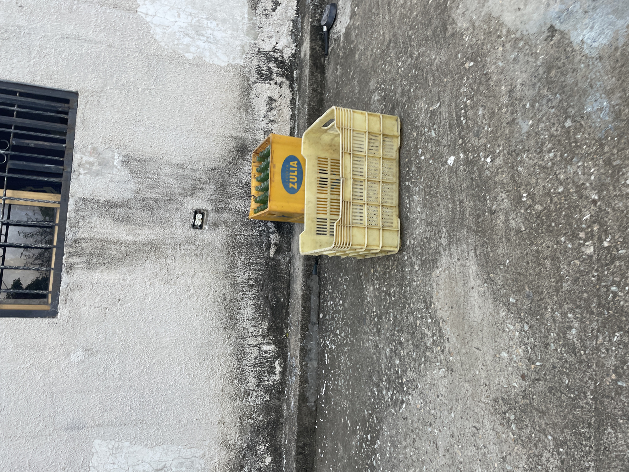 An outdoor scene depicts a weathered wall with a barred window and an electrical outlet. In front of the wall, a yellow plastic crate filled with green bottles sits on a concrete surface. Another larger, empty yellow plastic crate is placed in front of the bottle crate. A black object, possibly a handle or part of a tool, lies on the ground to the right of the crates. The ground is also concrete, littered with small debris.