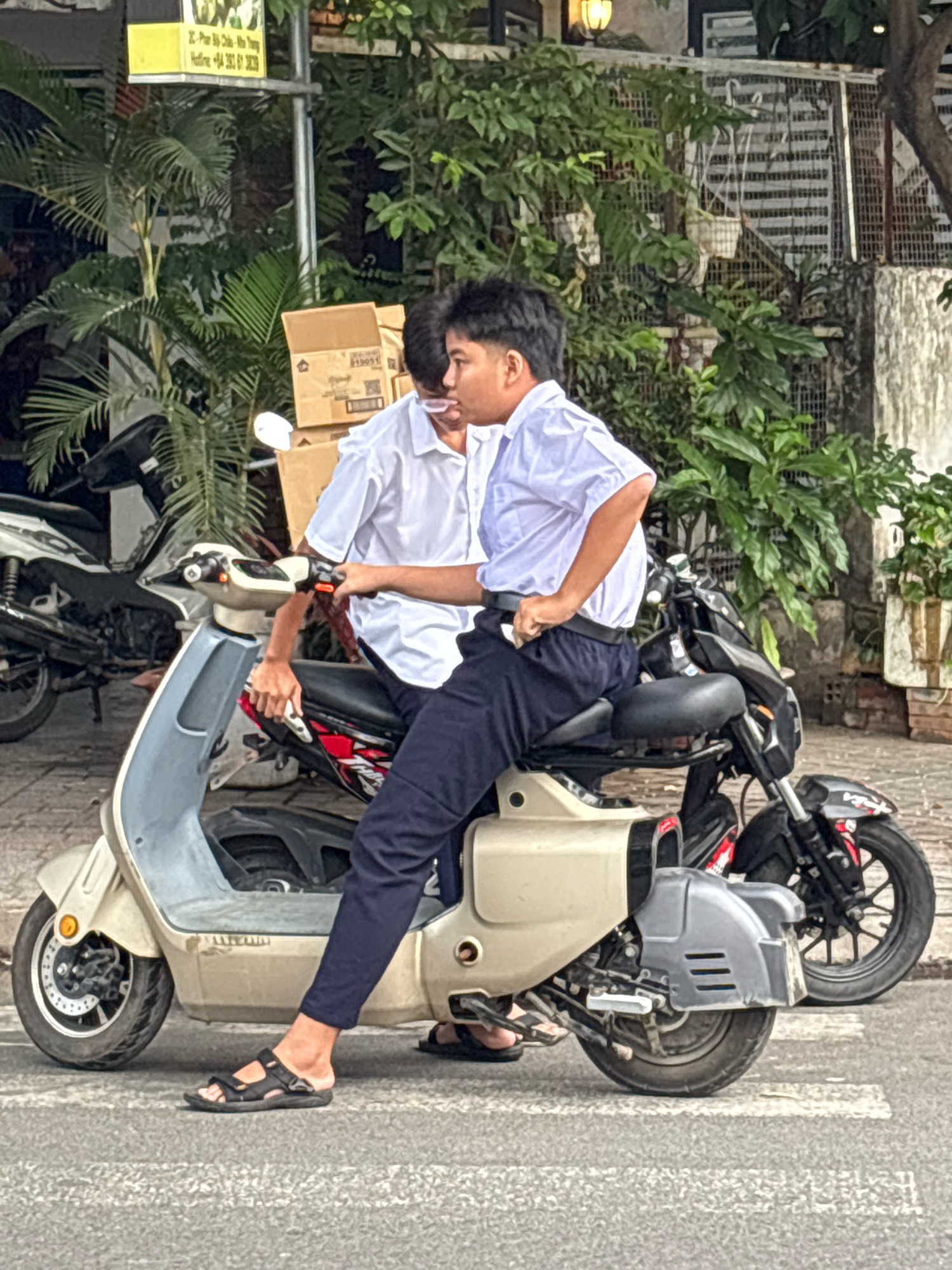 In Nha Trang, Vietnam, two young males in school uniforms are seated on a light blue scooter and a black motorcycle, both parked on a city street. The male on the left, wearing a white collared shirt and dark pants, is partially visible. The male on the right, also in a white collared shirt and dark pants, is more prominent, holding the scooter's handlebars. His left arm is bent at the elbow, and his hand is resting on his hip. Both are looking to their left. The scooter is light blue and beige, with a black seat. The motorcycle is black, with red accents. In the background, there are lush green trees, a building with a barred window, and cardboard boxes stacked near a yellow sign. The scene is captured from a side profile, focusing on the individuals and their vehicles.