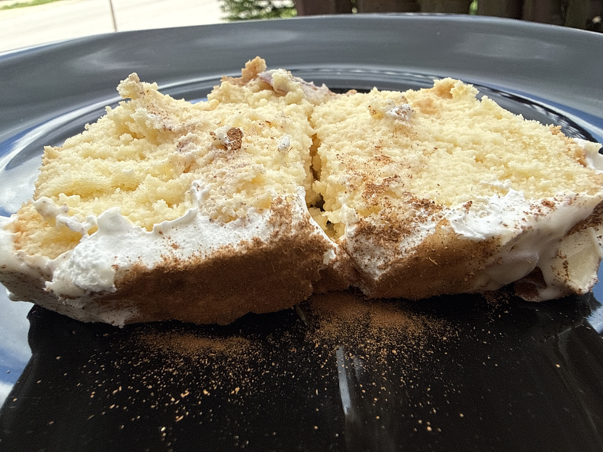 A close-up shot shows two pieces of cake placed side by side on a dark gray plate. The cake has a yellow, porous crumb and is topped with white frosting. A generous amount of what appears to be cinnamon has been sprinkled over the frosting and onto the plate around the cake. The plate is shiny, reflecting light and the surrounding environment. The background is slightly blurred, but it appears to be an outdoor setting with some greenery visible. No people are visible in the image. There are no indications that the image was taken in Columbus, United States of America.