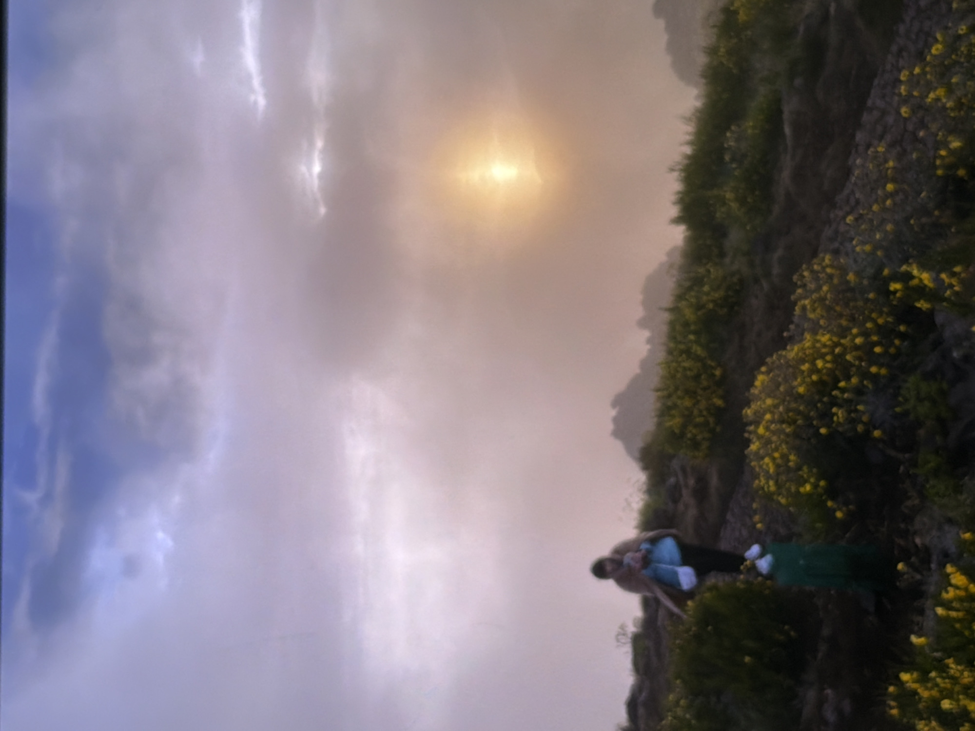 The media file shows a natural scene with two people and a green object. The scene is dominated by a cloudy sky, with the sun peeking through, creating a soft, diffused light. The ground is covered in lush vegetation, with numerous small yellow flowers dotting the landscape. There appears to be a rocky incline or cliff face on the right side of the frame, also covered in vegetation and flowers.
Two individuals are visible on the right side of the image, positioned on the vegetated incline. One person, wearing a blue shirt and white pants, is seated and leaning against the green object. The other person, wearing a light-colored top and dark pants, is bending over or crouching next to them. Their interaction is unclear, but they appear to be together. The green object is rectangular and flat, resembling a mat or a folded piece of fabric.
The time of day appears to be either dawn or dusk, given the soft, golden light from the sun filtering through the clouds. The weather seems to be overcast or hazy, contributing to the diffused lighting. The presence of dense vegetation and flowers suggests a temperate or possibly mountainous environment.
The overall mood of the image is serene and contemplative, with the natural beauty of the landscape and the gentle interaction of the people creating a peaceful atmosphere. No text is visible in the media file.