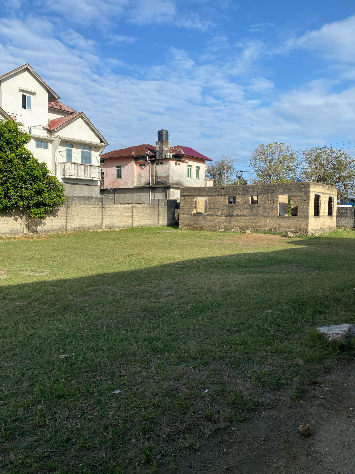 The image depicts an exterior scene in Bububu, Tanzania. In the foreground, a patch of overgrown green grass is visible, casting a large shadow from an unseen object to the left. A stone wall, constructed from concrete blocks, runs horizontally across the midground, separating the grassy area from the background. Beyond the wall, a partially constructed building stands, made of similar concrete blocks with open doorways and window frames. In the background, several residential buildings are visible, including a multi-story white house with a red roof on the left and a pinkish-hued house with a red roof behind it. A water tank sits atop a structure behind the pink house. Trees with green foliage are scattered throughout the scene, and a bright blue sky with scattered white clouds fills the upper portion of the image. The overall impression is of an unfinished or developing area.