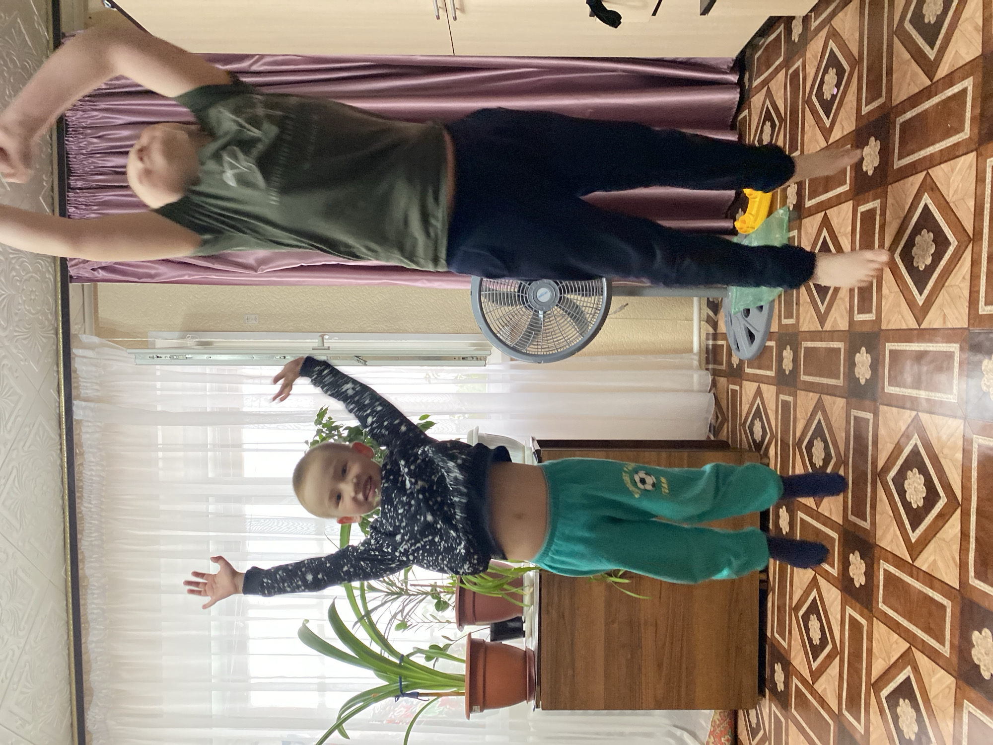 The image shows two boys in what appears to be an indoor setting. The older boy, wearing a green shirt and black pants, lies horizontally at the top of the image, his arms outstretched. The younger boy, dressed in a patterned top and green pants, is positioned horizontally at the bottom, with arms raised as well.
A window with white curtains is visible in the background. An electric fan stands behind the older boy. Several potted plants are also present. The flooring is a patterned brown and beige tile. The location is likely a home in Bely Klyuch, Russia, based on the request, but this cannot be confirmed with the image. The action portrayed is likely the boys pretending to fly or pose playfully.