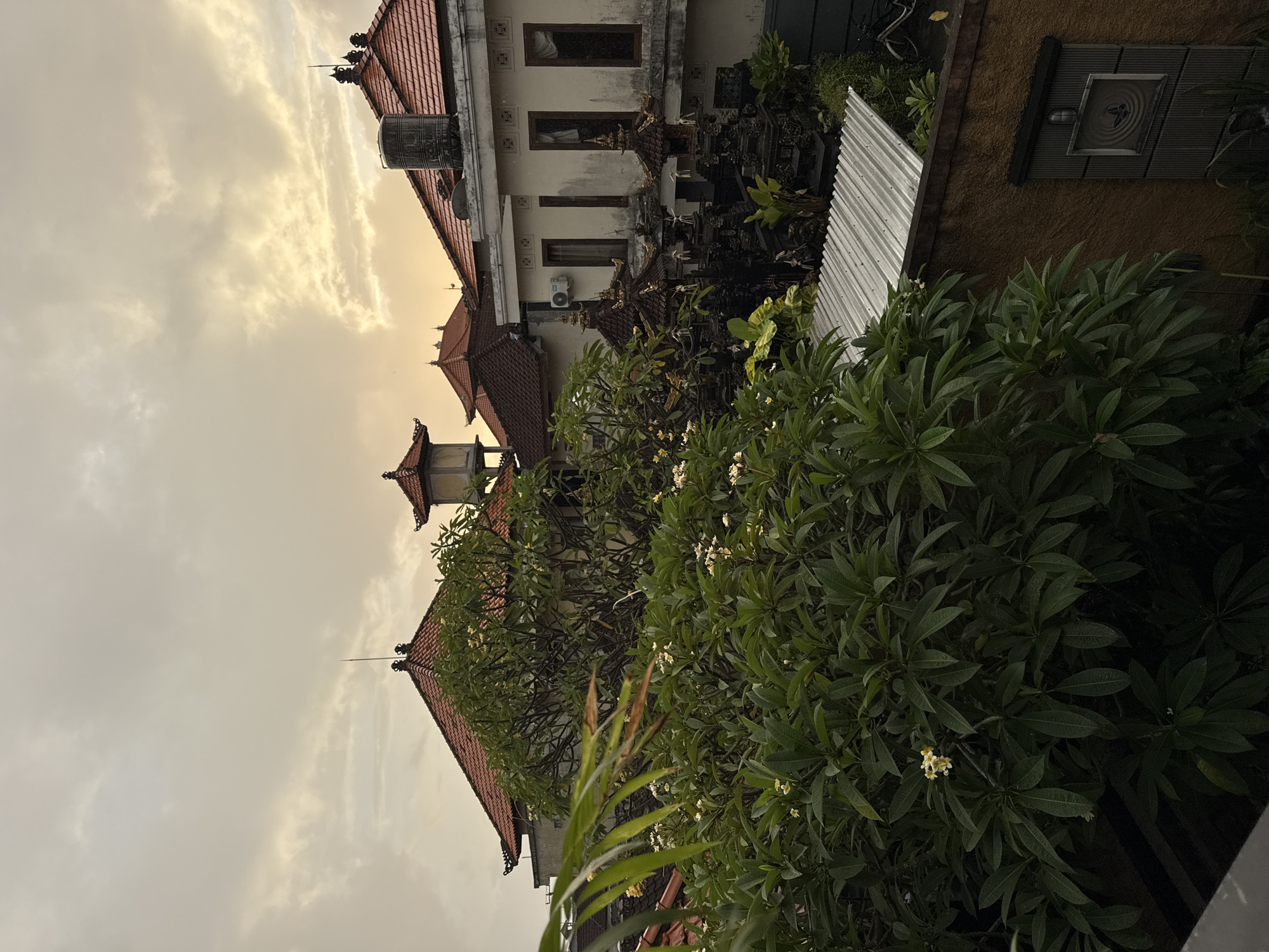 The image captures a scene in Kuta, Indonesia, during overcast conditions. The architecture is indicative of the region, with traditional tiered roofs topped with ornamental structures. A water tank is visible on one of the rooftops. Lush green vegetation, including plumeria trees with white flowers, dominates the foreground. A corrugated metal sheet partially obscures the view between the buildings and the foliage. The sky is filled with clouds, which give the light a diffused, golden hue.