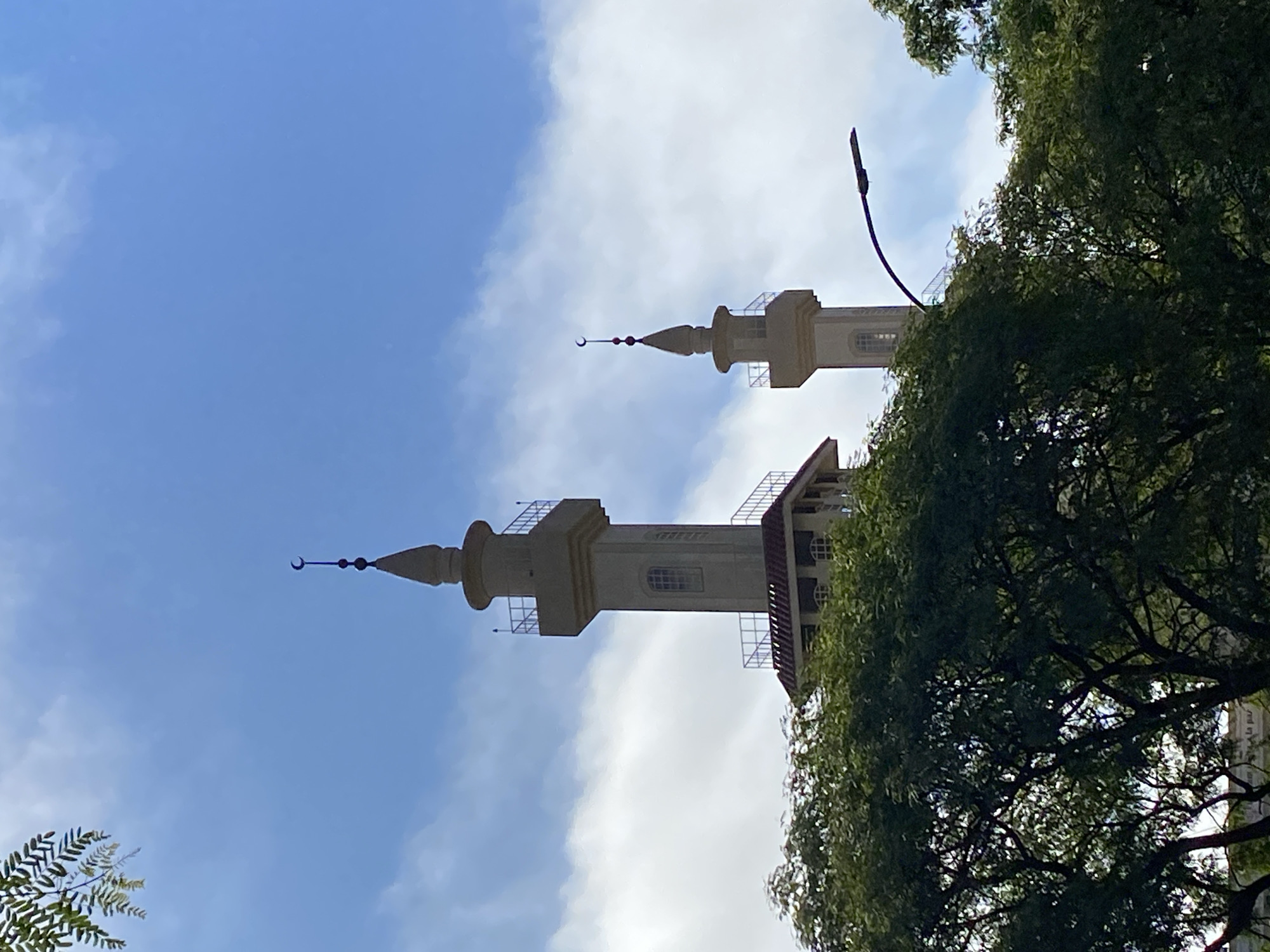 The image shows two minarets of the Islamic Cultural Center King Fahd Mosque in Buenos Aires, Argentina, as viewed from a low angle. The sky is visible behind the minarets, with scattered clouds. Tree branches partially obstruct the view of the minarets, appearing in the foreground and to the side. A lamppost is visible among the trees. The minarets are light-colored with a crescent moon at the top. The image is slightly rotated counter-clockwise.