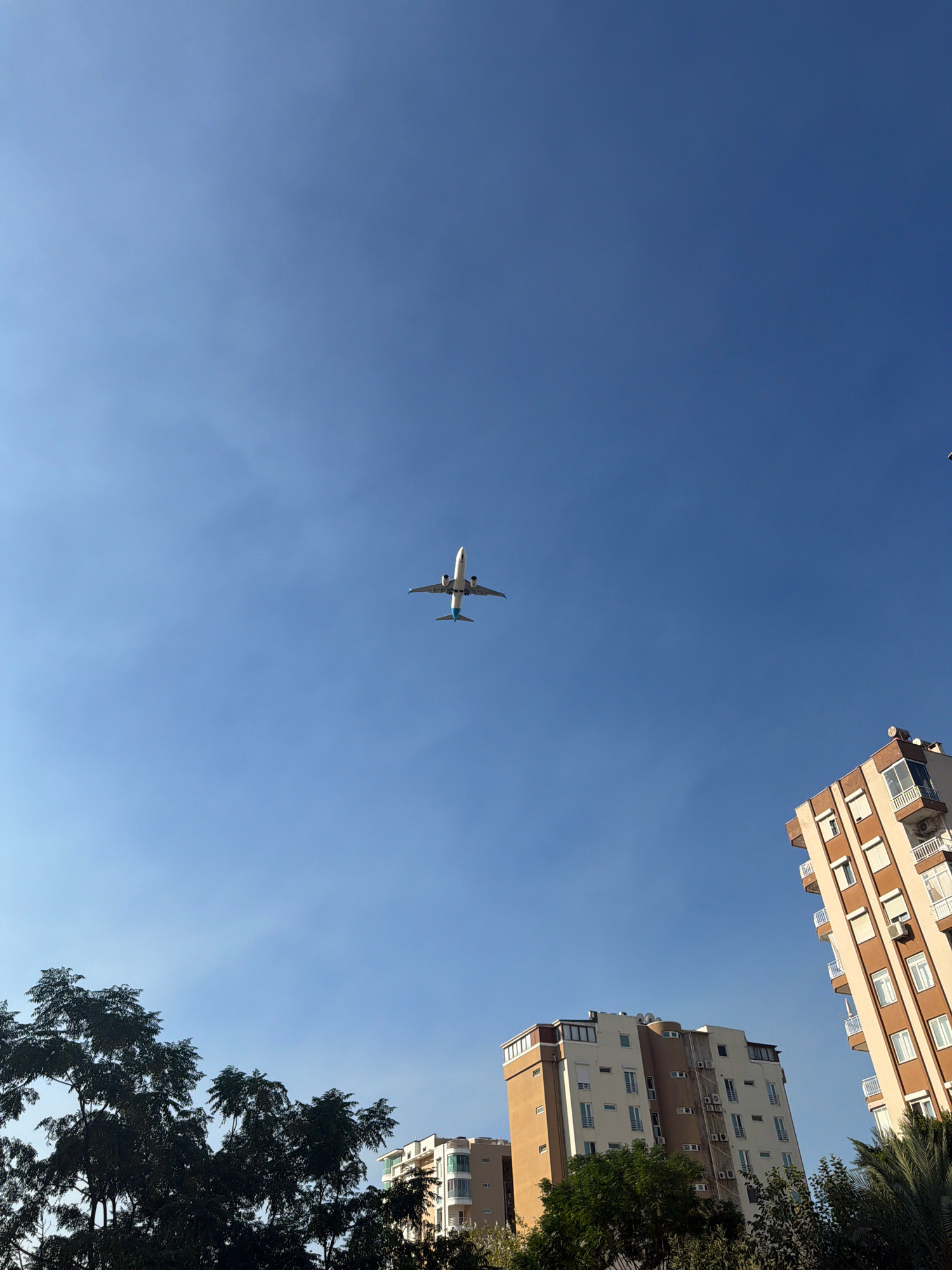 In Antalya, Turkey, an airplane is captured in flight against a clear blue sky. The plane is white with blue accents on its tail. Below the aircraft, several modern apartment buildings are visible, some featuring balconies and air conditioning units. Dark green trees in the foreground partially obscure the lower portions of the buildings. The scene is illuminated by natural daylight.