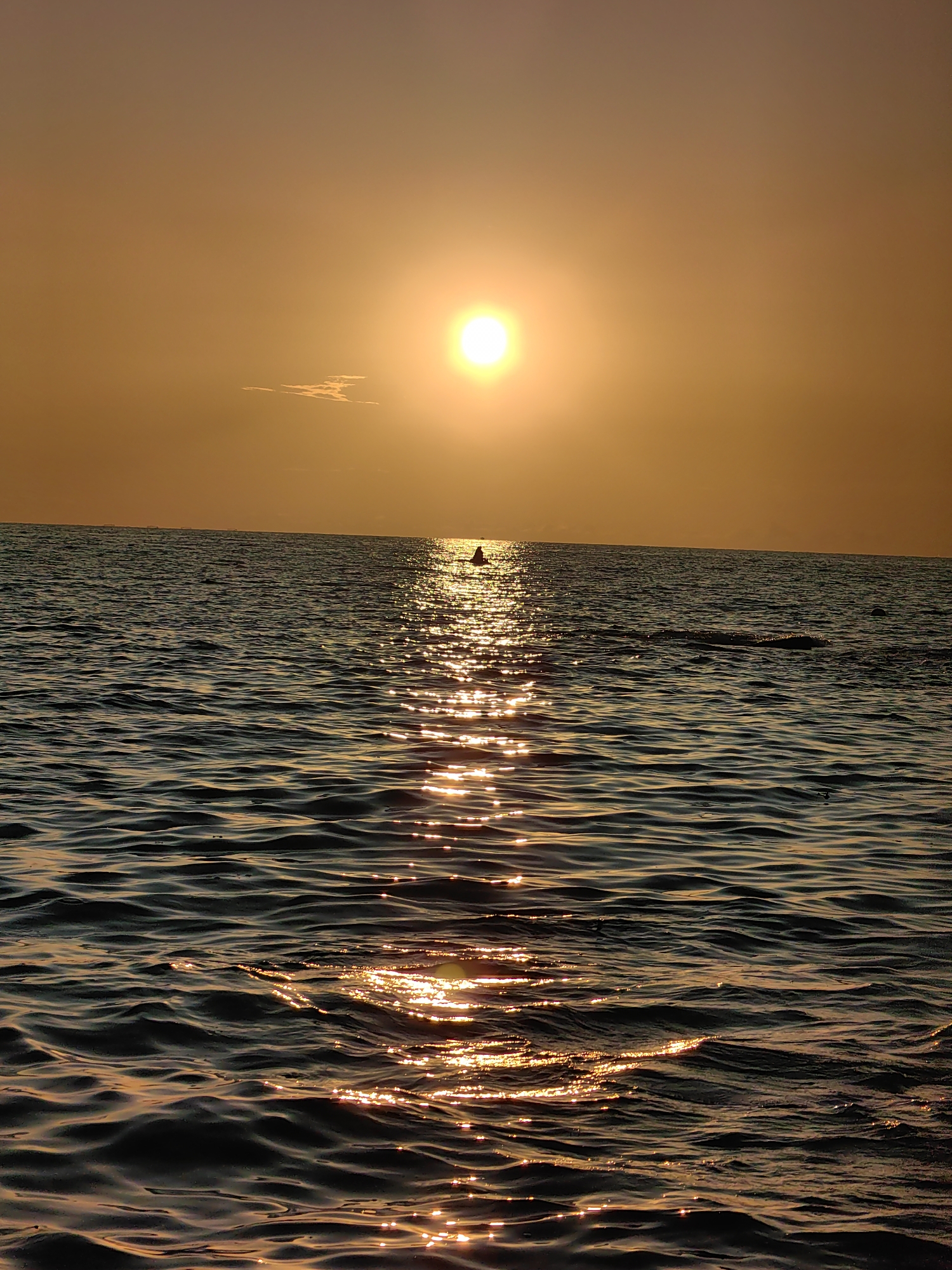 A vertical, medium shot captures a sunset over the sea in Sochi, Russia. The sun, a bright orb, sits low on the horizon, casting a warm, golden glow across the scene. The sky is a soft, uniform orange, with a wispy cloud in the upper left quadrant. The sea is a deep, dark blue, with gentle waves reflecting the sunlight, creating a shimmering path that leads towards the setting sun. A solitary figure, silhouetted against the light, is visible in the water, appearing to be swimming or standing. The overall atmosphere is serene and peaceful, evoking a sense of tranquility. The time of day is clearly sunset, and the weather appears calm. The location is identified as Sochi, Russia, a Black Sea resort city known for its beautiful coastal scenery and sunsets. There is no visible text in the image.