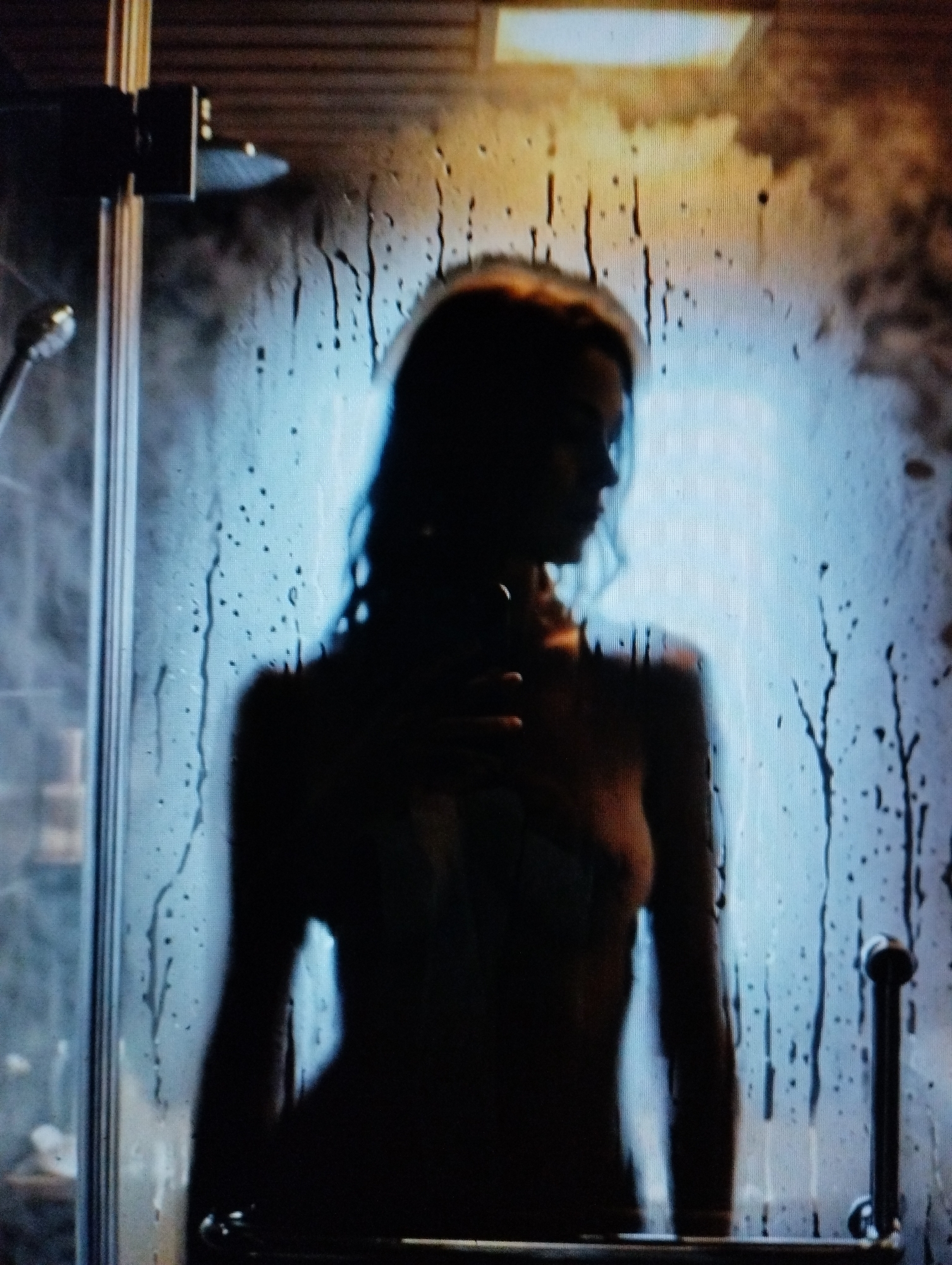 A silhouetted person is visible through a steamy shower door. The person appears to be holding a phone to take a selfie. Water droplets and streaks are visible on the glass. The background is dimly lit and appears to be a bathroom.