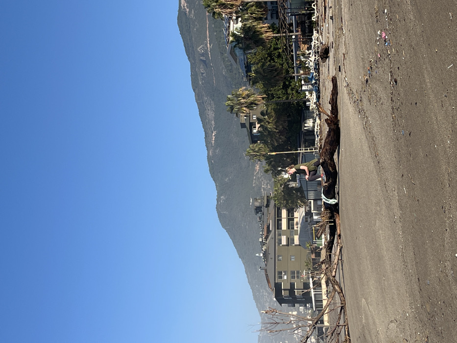 A horizontal shot depicts a beach with a dark sand surface littered with debris. Buildings and palm trees line the edge of the beach. In the foreground, a person is standing on a piece of driftwood. A mountain looms in the background against a clear blue sky.