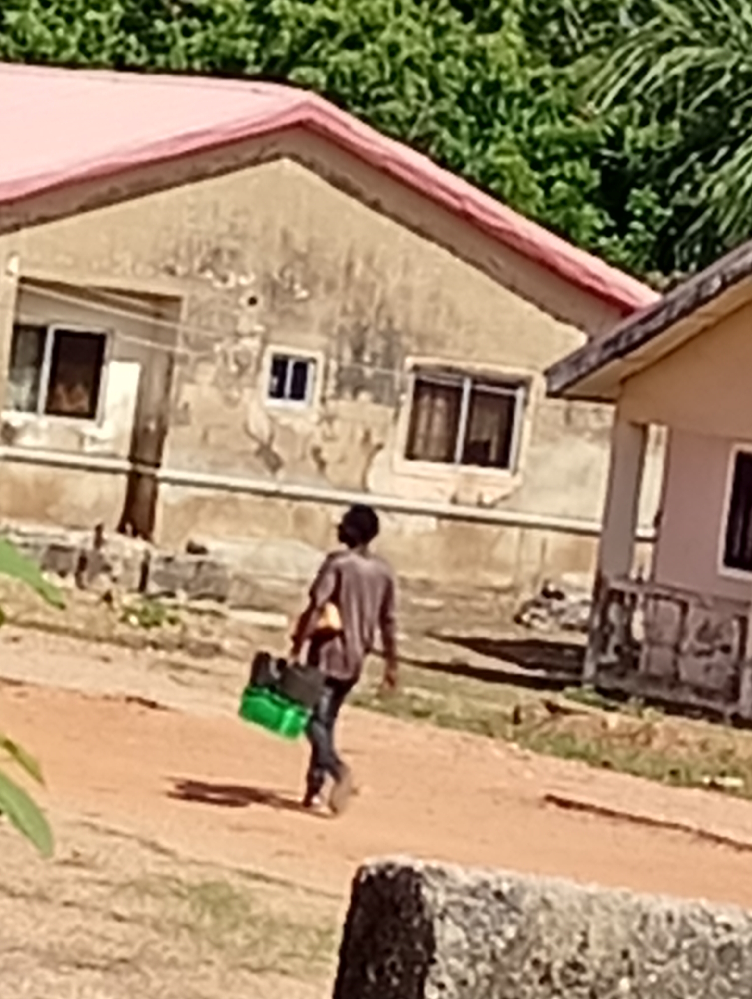 A person is walking away from the camera, carrying a green bag and a dark bag. They are wearing a grey shirt and dark pants. The person is on a dirt path in front of a building with a red roof and light-colored walls. There are trees in the background.