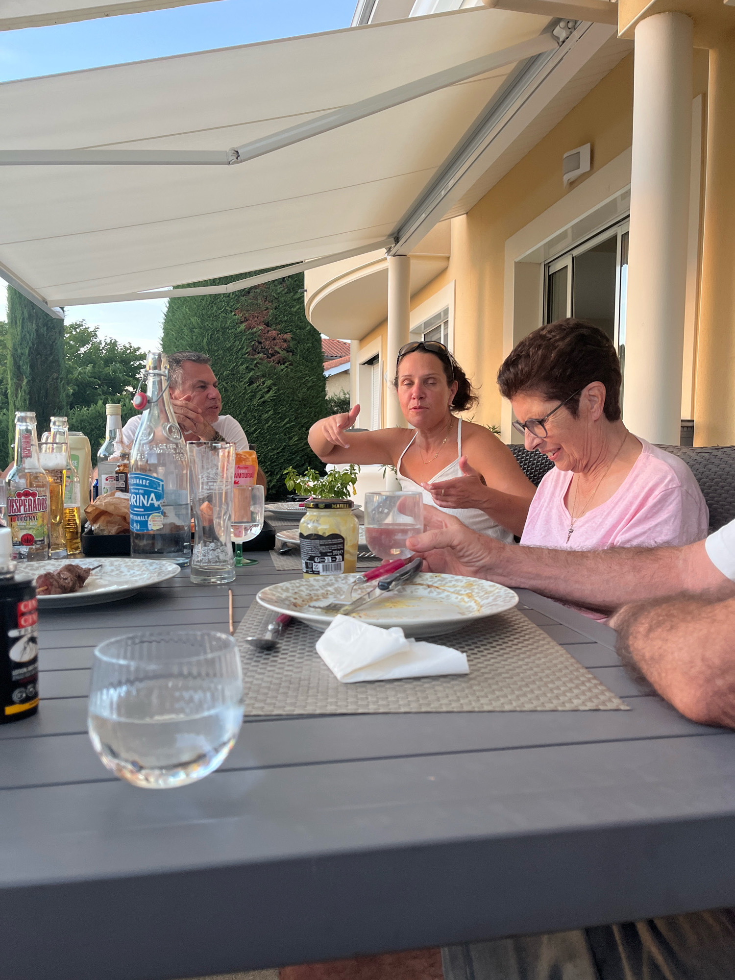 The image depicts a group of people gathered around a table outdoors, likely at a residence in Saint-Galmier, France, given the context of the request. The setting appears to be a patio or terrace, covered by a white awning. Sunlight casts shadows, indicating it is either late morning or late afternoon.
At the table, several individuals are visible. A man with graying hair is seated, leaning forward, appearing to be engaged in conversation. To his right, a woman with dark hair pulled back is wearing a white tank top and is gesturing with her hands, her expression suggesting she is speaking or reacting. Further to the right, an older woman with glasses and short dark hair wears a pink t-shirt. She is looking down and smiling, and her right hand is extended, possibly interacting with an object or person not fully in view. A portion of another person’s arm, showing tanned skin and body hair, is visible in the foreground on the right side of the image, suggesting a fourth individual is also present at the table.
The table itself is laden with various objects. Several bottles of beverages, including what appears to be beer and water, are present. There are plates with food remnants, cutlery, and glasses, some containing liquid. A jar of mustard or similar condiment is also on the table, along with a small plant. The table is made of a dark gray material. In the background, lush green trees and bushes frame the scene, and part of a light-colored building with a column is visible. The overall atmosphere suggests a social gathering, possibly a meal or drinks shared among friends or family.