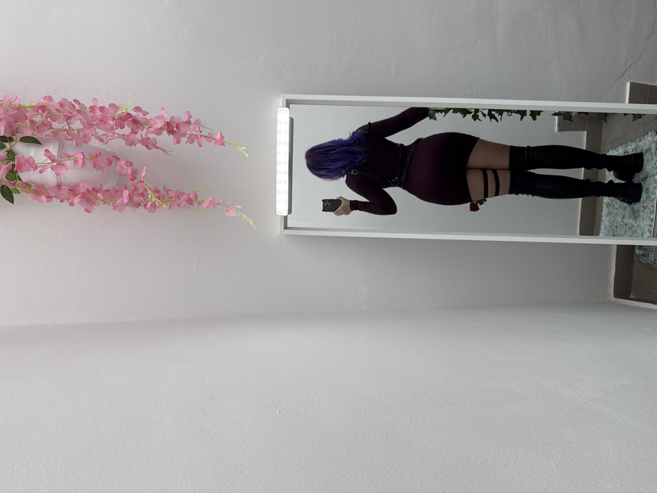 A person with purple hair, viewed from behind, stands in a full-length white-framed mirror, taking a mirror selfie with a smartphone held in their right hand. The smartphone features a black case with cat ear protrusions. The individual is wearing a form-fitting, long-sleeved burgundy mini-dress, a black harness-style belt over the dress, and black thigh-high boots with chunky soles. A single red rose is tucked into a black garter-style strap on their right thigh. Above the mirror, a white LED light strip is mounted horizontally. Artificial pink wisteria-like flowers in a white hanging pot are suspended from the ceiling in the upper center. Artificial green ivy is draped vertically along the right side of the mirror frame. The surrounding walls are painted white. A patterned mat with blue, green, and red motifs is visible on the light-colored floor in front of the mirror. The precise location within the City of Zagreb, Croatia, cannot be determined from the visual information provided.