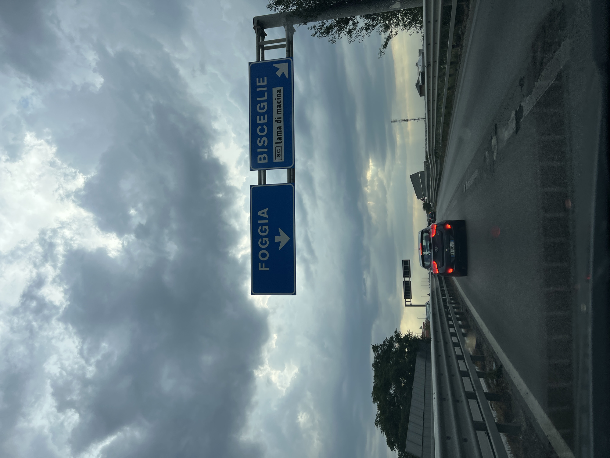 A highway sign indicating directions to Foggia and Bisceglie is visible against a cloudy sky. The sign for Foggia points straight down, while the sign for Bisceglie points to the right, also showing "SC lama di macina." Below the signs, a car is driving on a wet road. The environment appears to be a highway with guardrails and some trees and buildings in the distance. The scene is captured from the perspective of someone inside a vehicle.