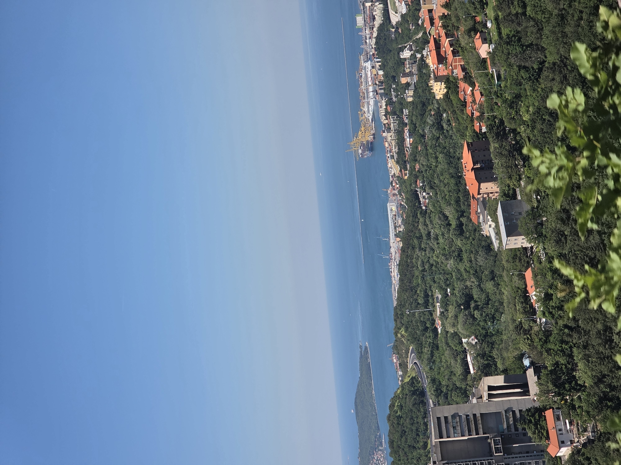The image shows a coastal cityscape, likely in Trieste, Italy. The view is from an elevated position, possibly a hillside, looking towards the Adriatic Sea. A small peninsula extends into the water.
The sea is visible with a few ships. The city's infrastructure includes buildings with orange rooftops, indicating residential areas, interspersed with green spaces suggesting parks or forested areas. A modern building complex is near the bottom edge of the frame, indicating urban development.
The sky is clear and blue, suggesting a sunny day. The environment appears serene and picturesque.