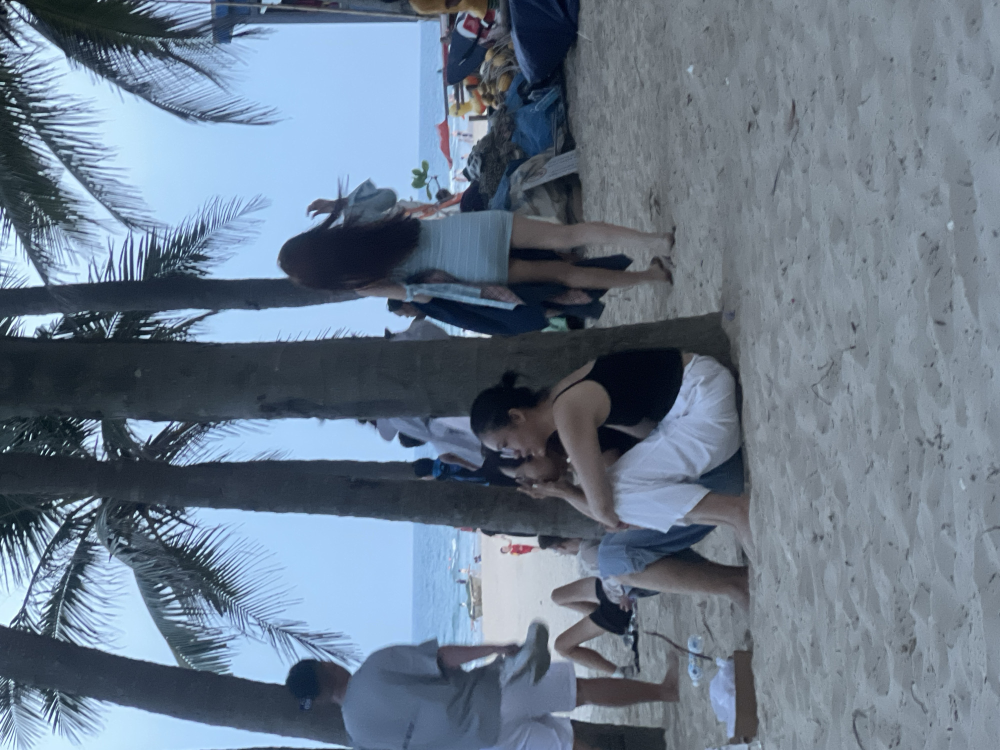 This media file depicts a scene on a beach in Đà Nẵng, Vietnam. The image is oriented vertically, showing a beach with sand, palm trees, and the ocean in the background. Several people are visible, some interacting closely, while others are more distant.
In the foreground, a couple is embracing on the sand. The woman, wearing a black tank top and white shorts, is leaning towards the man, who is wearing a white shirt and blue shorts. They appear to be in an intimate moment. Further back, a woman in a light blue dress stands with her long dark hair flowing. She is partially obscured by a palm tree trunk. Another group of people is visible on the beach in the distance, near the water's edge. One individual in this group appears to be wearing a red shirt.
The setting suggests a casual beach environment, possibly in the late afternoon or early evening, given the soft lighting and the gentle color of the sky. The presence of palm trees is a strong indicator of a tropical or subtropical location, consistent with Đà Nẵng. There are some scattered items on the sand near the people, which could be beach belongings.
The overall mood seems relaxed and peaceful, with individuals enjoying their time at the beach. The focus is on the people and their interactions within the natural environment of the beach.