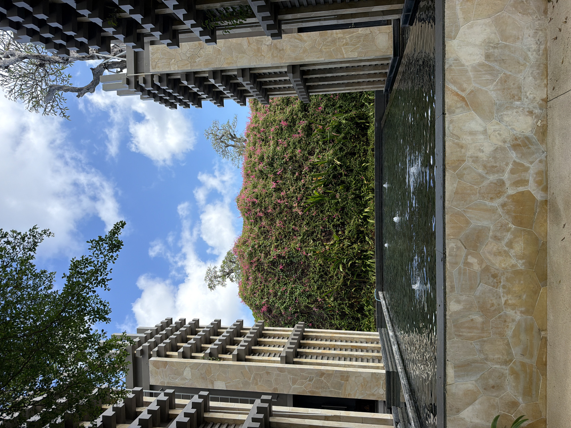 The image displays a tranquil outdoor architectural landscape, oriented as if viewed upwards towards the sky. In the center, a vibrant green wall or large plant mass is profusely covered in small pink flowers, creating a striking focal point under a bright blue sky with scattered white cumulus clouds.
Flanking this green wall are modern architectural elements. On the left, a structure composed of dark gray, stacked rectangular blocks creates a geometric pattern, interspersed with panels of light beige, irregularly shaped stone. A gnarled tree with sparse leaves and branches extends into the sky from behind this structure. Another similar, smaller tree is visible against the sky above the green wall.
On the right side of the frame, a rectangular water feature or shallow pond has small fountains creating ripples on its surface. This water body is bordered by a dark frame, and alongside it, a wall or pathway is faced with light beige stone tiles arranged in an irregular, tessellated pattern. Another portion of the dark gray and stone architectural design is partially visible on the bottom right. A section of a leafy green tree branch extends into the frame from the bottom left.
The scene portrays a serene and well-designed outdoor space, likely part of a resort or garden, characterized by a blend of modern architecture and lush tropical vegetation. The bright light suggests daytime and clear weather. There are no people or visible text. The setting is consistent with locations such as Kuta Selatan, Indonesia.