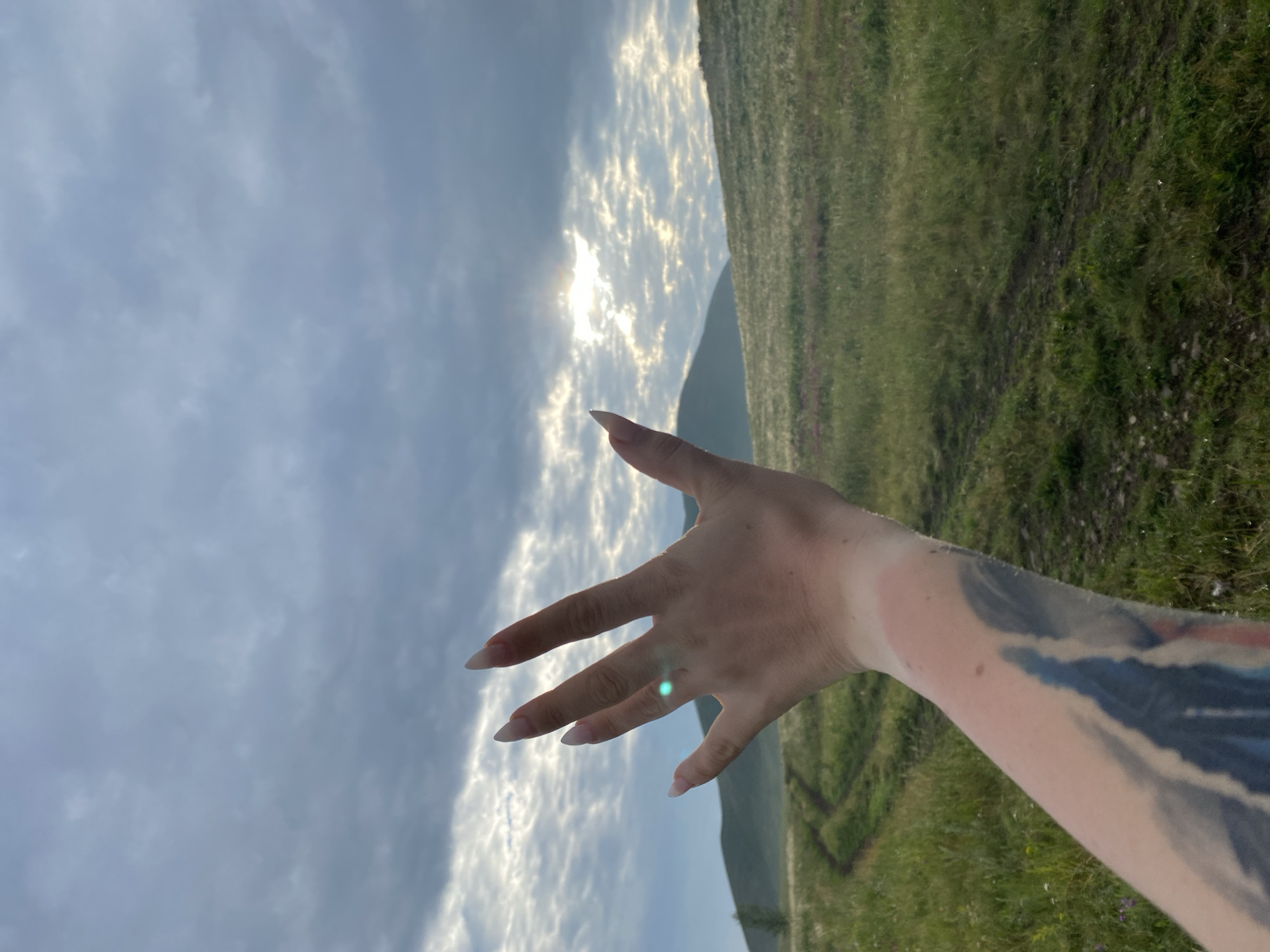 A close-up of a person's left hand and forearm is in the foreground, with the hand extended towards the sky. The hand has long, pointed fingernails and appears to have a faint green glint on the middle finger. The forearm is covered in a tattoo with blue and black ink. The background shows a grassy, hilly landscape with a winding dirt path. The sky is overcast with some patches of sunlight breaking through the clouds. The location is identified as Abzanovo, Russia.