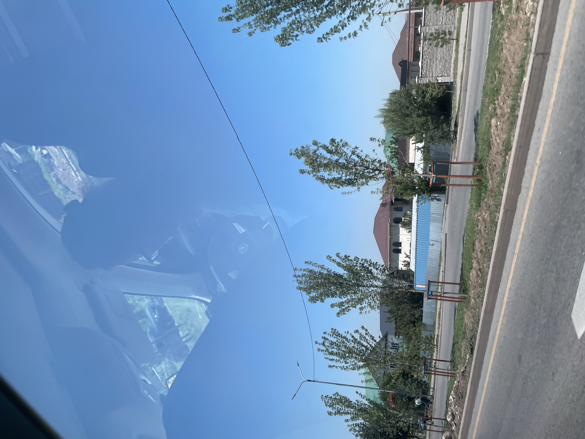 The image depicts a clear, blue sky with reflections from the interior of a vehicle, including a portion of the steering wheel and a person's head. In the foreground, there is a paved road with a yellow line. Beyond the road, there is a grassy area with young trees supported by wooden stakes, some of which are orange. Further in the background, several houses with brown and green roofs are visible, along with a blue metal fence or structure. A person in a light-colored shirt is seen working in the garden area behind the young trees. The scene suggests a suburban or residential area, likely within Almaty, Kazakhstan, given the context. The overall impression is of a sunny day, with ongoing landscaping or construction work in progress.