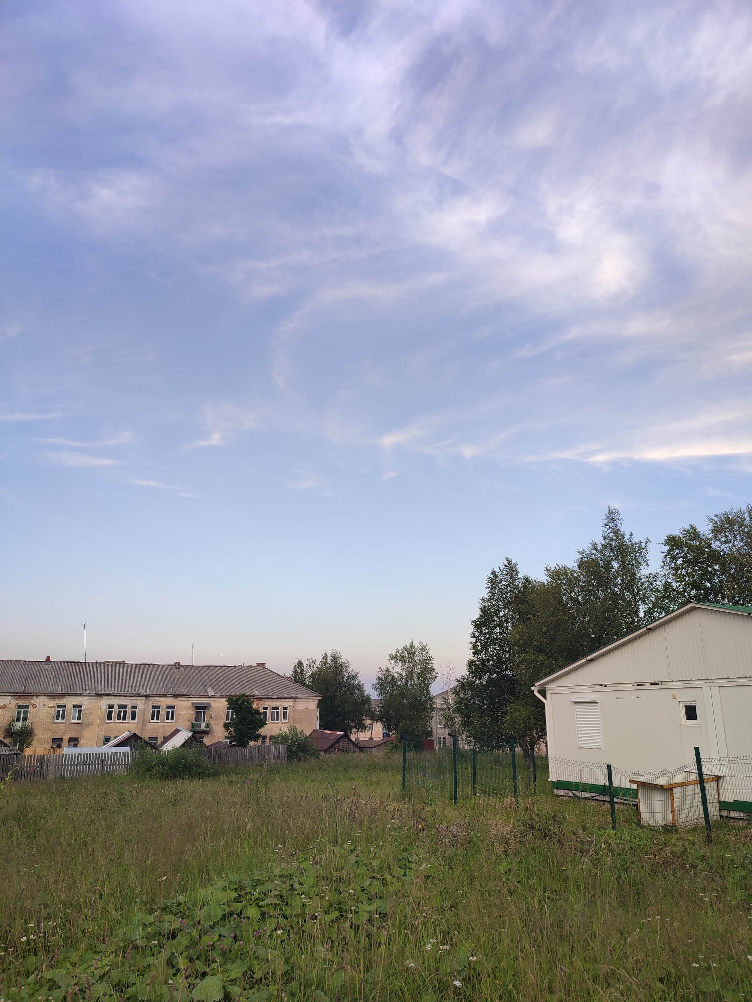 The image depicts a rural or semi-urban landscape under a sky with wispy clouds. In the foreground, there is tall, unkempt grass and some low-lying green plants with small white and purple flowers. A green metal fence runs across the middle ground, separating the grassy area from a path or clearing. To the right, a modern, light-colored modular building with a pitched roof is situated behind the fence. This building has at least one window with blinds and a small square window. Next to it, there is a simple wooden structure with a mesh enclosure.
In the left and central parts of the image, a long, weathered, two-story building with a grey, corrugated roof is visible. This building has a facade of faded yellow or beige plaster and numerous windows, many with external white frames. A wooden fence, also appearing weathered, is in front of this building. Behind the buildings and fence, a line of green trees, including birch trees, stretches across the background. The overall scene suggests a quiet, possibly somewhat neglected, residential area in the city of Gremyachinsk, Russia. There are no people visible in the image.