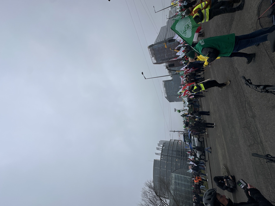 The image captures a wide-angle view of a large-scale demonstration occurring on a paved street in Strasbourg, France, under an overcast grey sky. In the background to the left, the distinct, modern glass and steel architecture of the European Parliament building (Louise Weiss building) is prominent, characterized by its curved facade and multi-level roofline. To the right, additional contemporary high-rise buildings are visible, some appearing to be under construction.
The street is occupied by a dense crowd of protestors. Numerous flags are held aloft, including multiple green and white flags, some prominently displaying the acronym "FNSEA," and others featuring red, white, and green striped patterns. A blue tractor and a green military-style vehicle are discernible within the crowd further back. Many participants are dressed in winter attire, and several individuals wear high-visibility yellow or green vests.
In the immediate foreground, the handlebars of a bicycle are visible, suggesting the vantage point of the photographer. To the left foreground, an individual wearing a dark helmet and jacket looks down at a smartphone. Another person kneels on the asphalt to their right, also interacting with a mobile device. The street surface appears damp. Overhead, streetlights and power lines traverse the scene against the uniformly grey sky.