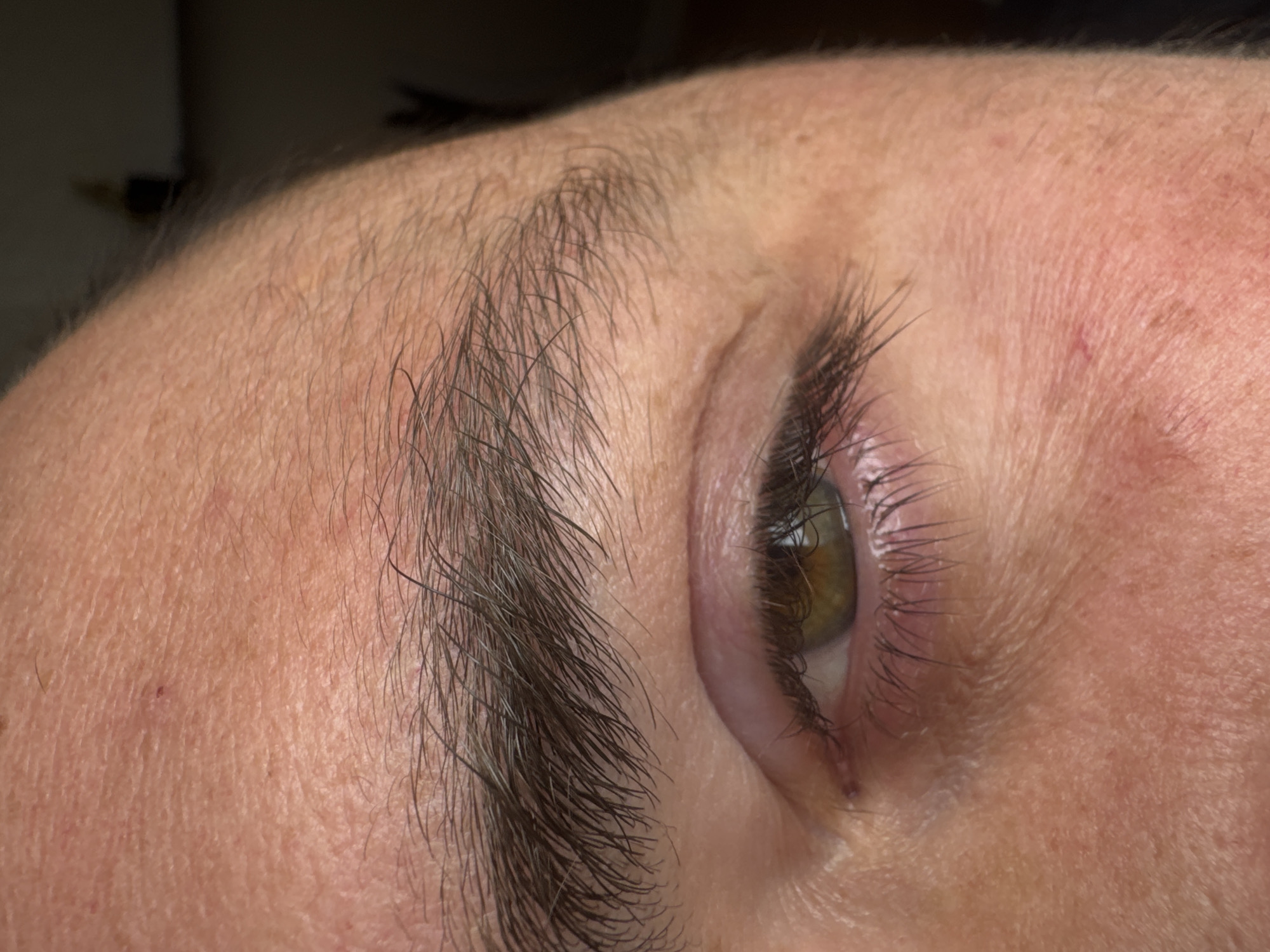 An extreme close-up of a person's face, specifically the area of the forehead, eyebrow, and eye. The person has dark eyebrows and eyelashes. The eye is open and shows a light green iris. The skin of the forehead is light-colored with visible pores and fine hairs. The image does not depict enough information to determine the location.